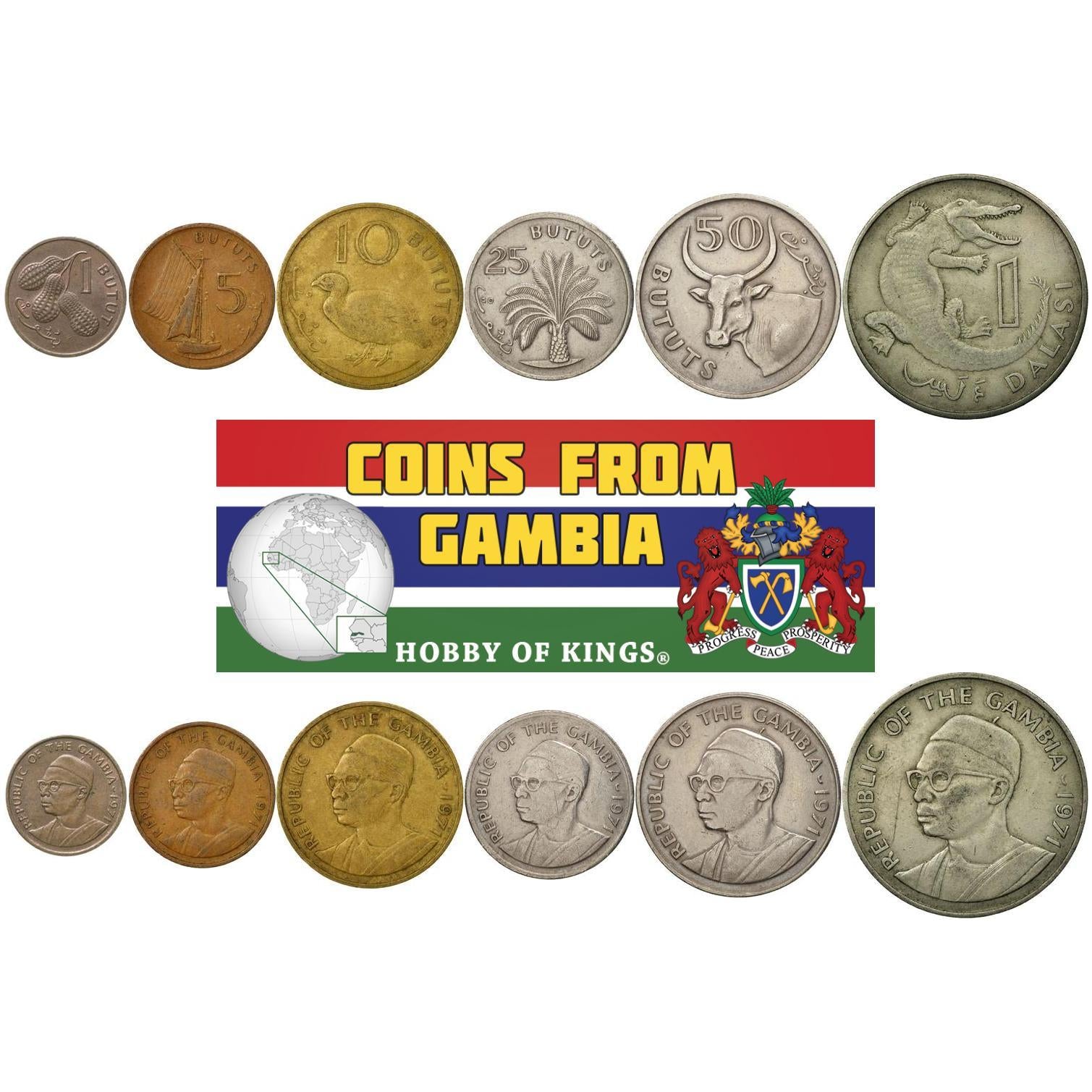 The Gambia | 6 Coin Set | 1 Butut 5 10 25 50 Bututs 1 Dalasi | 1971 - 1974