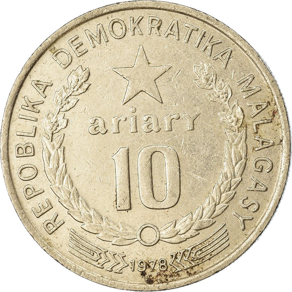 Madagascar | 10 Ariary Coin | Star | Worker | Peat | Km:13 | 1978