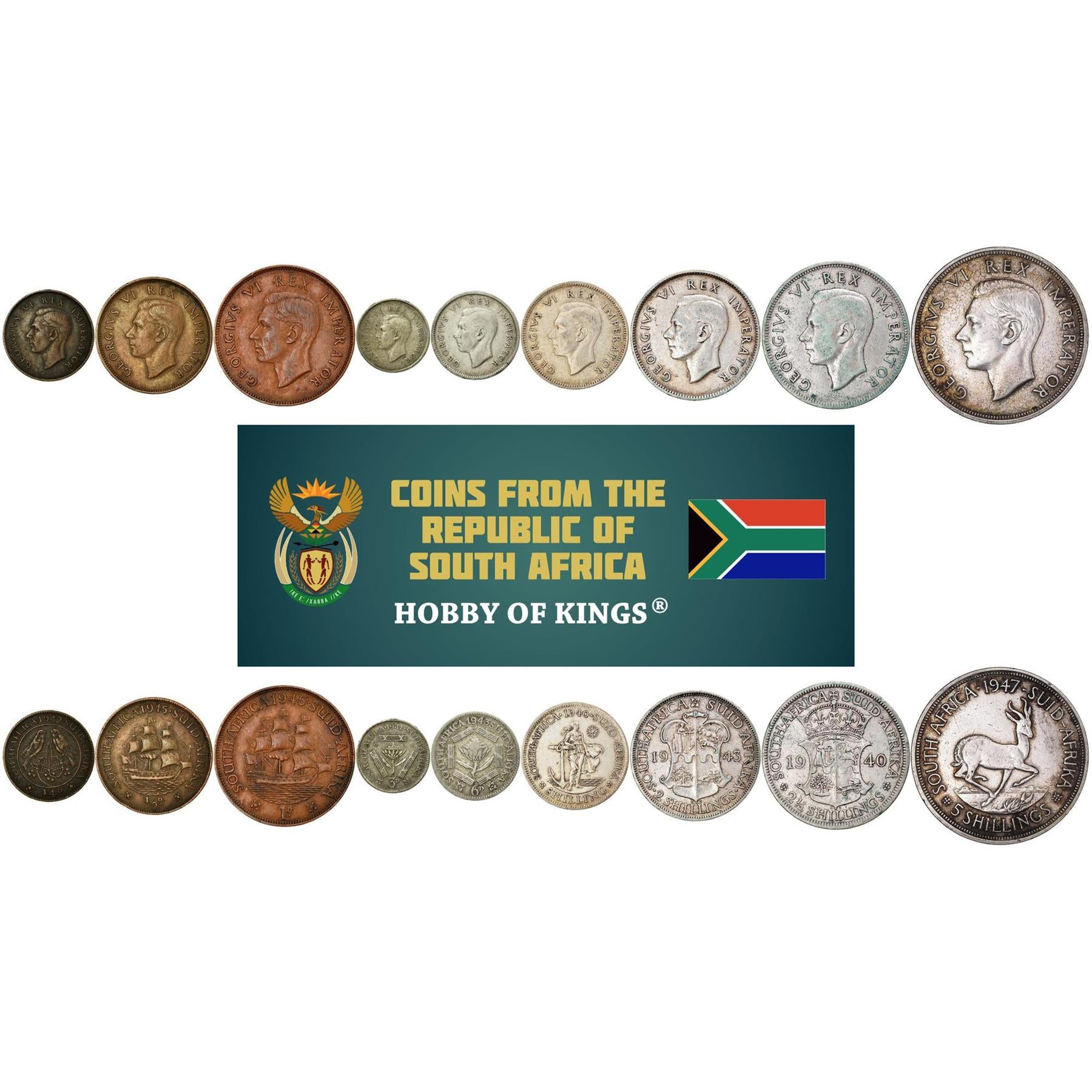 South Africa | 9 Coin Set | 1/4 1/2 1 Penny 3 6 Pence 1 Shilling 2 2 1/2 5 Shillings | 1937 - 1947