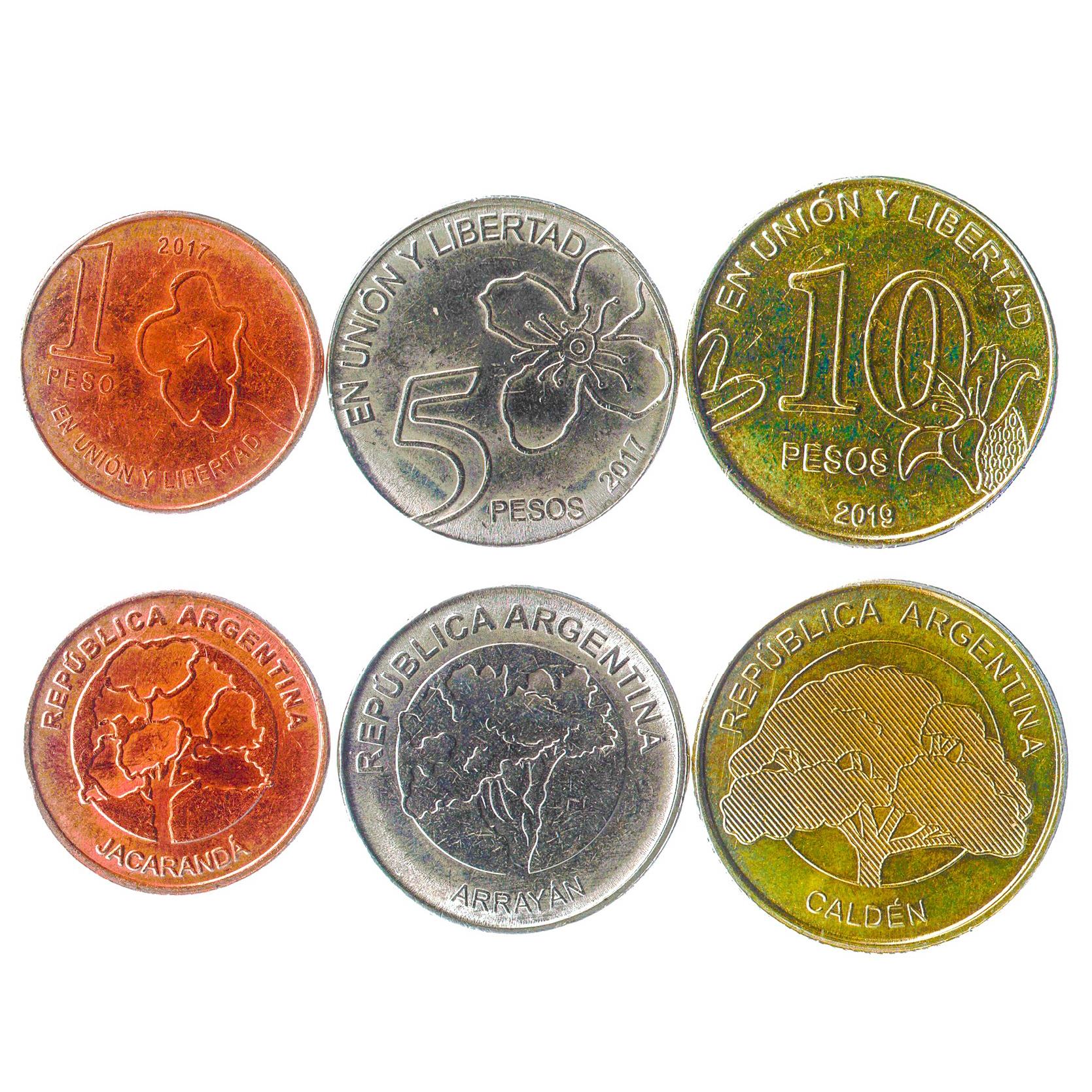 Argentine 3 Coin Set 1 5 10 Pesos | Jacaranda | Jacaranda | Caldenia | Arrayán | 2017 - 2020