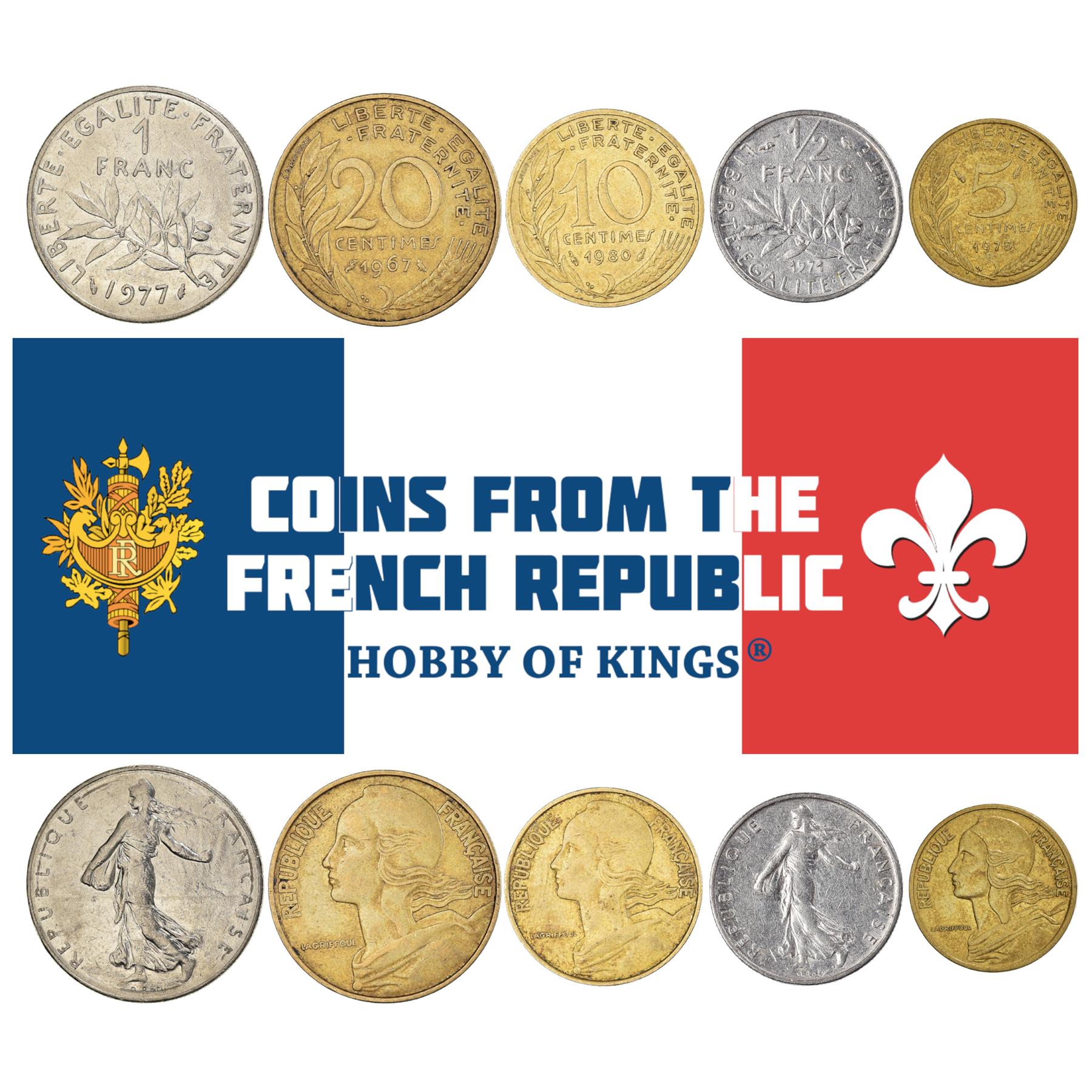 5 Mixed Coins From France | Centime - Franc | 1950 - 2001