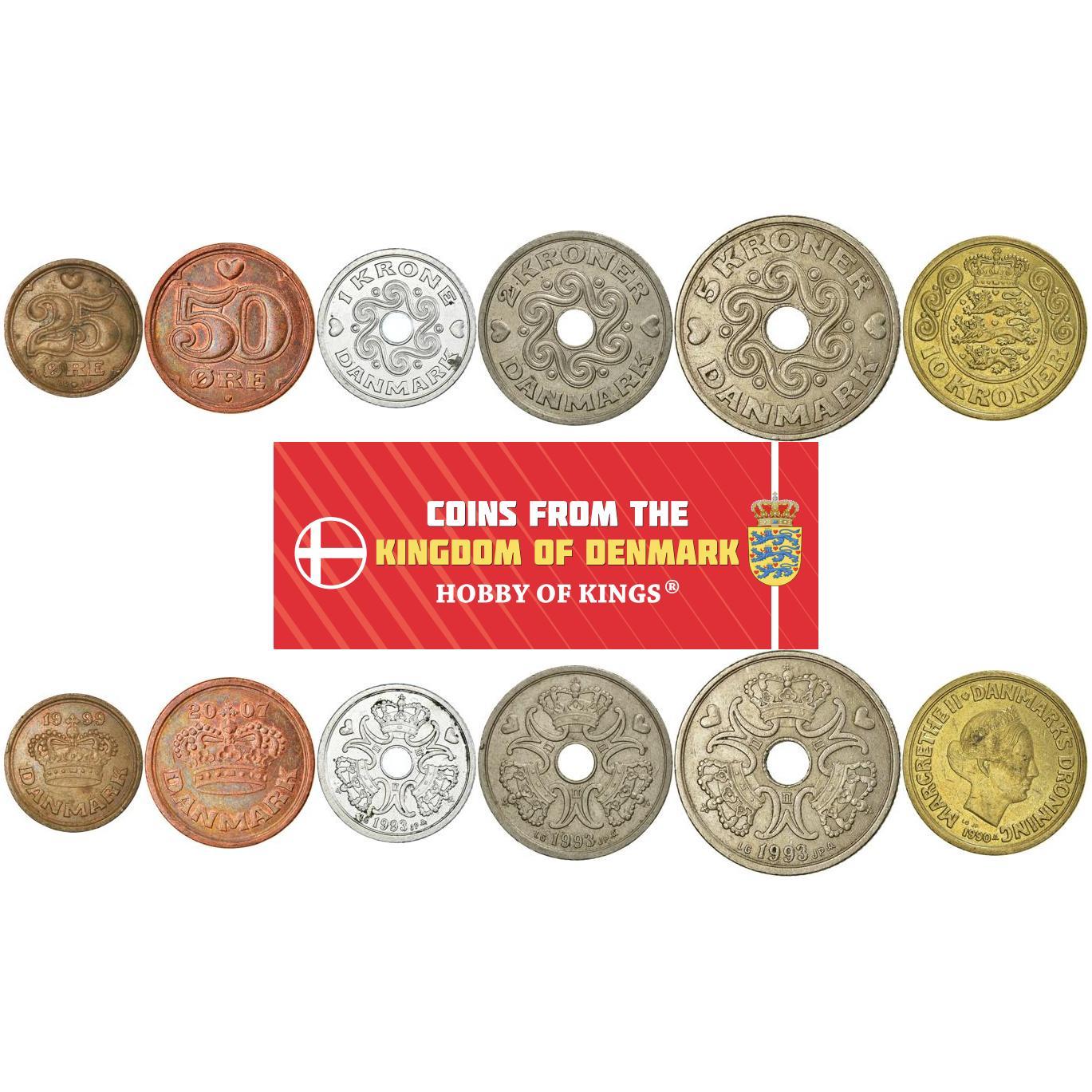 Denmark | 6 Coin Set | 25 50 Ore 1 Krone 2 5 10 Kroner | 1989 - 2021