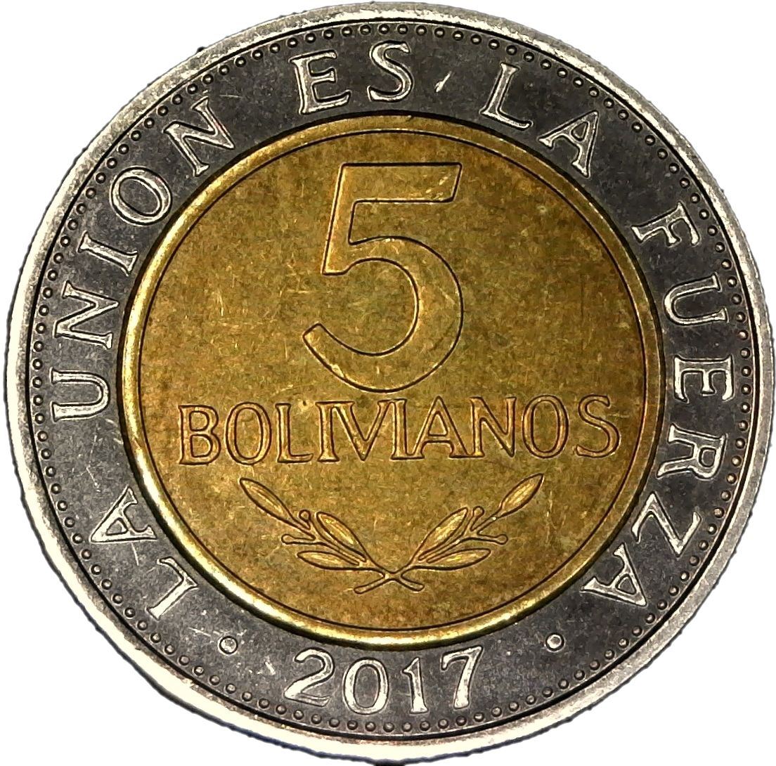 Bolívia | Moeda de 5 bolivianos | Bimetálica | Ave | Bandeira | Brasão de armas | Armas de fogo | KM:224 | 2017