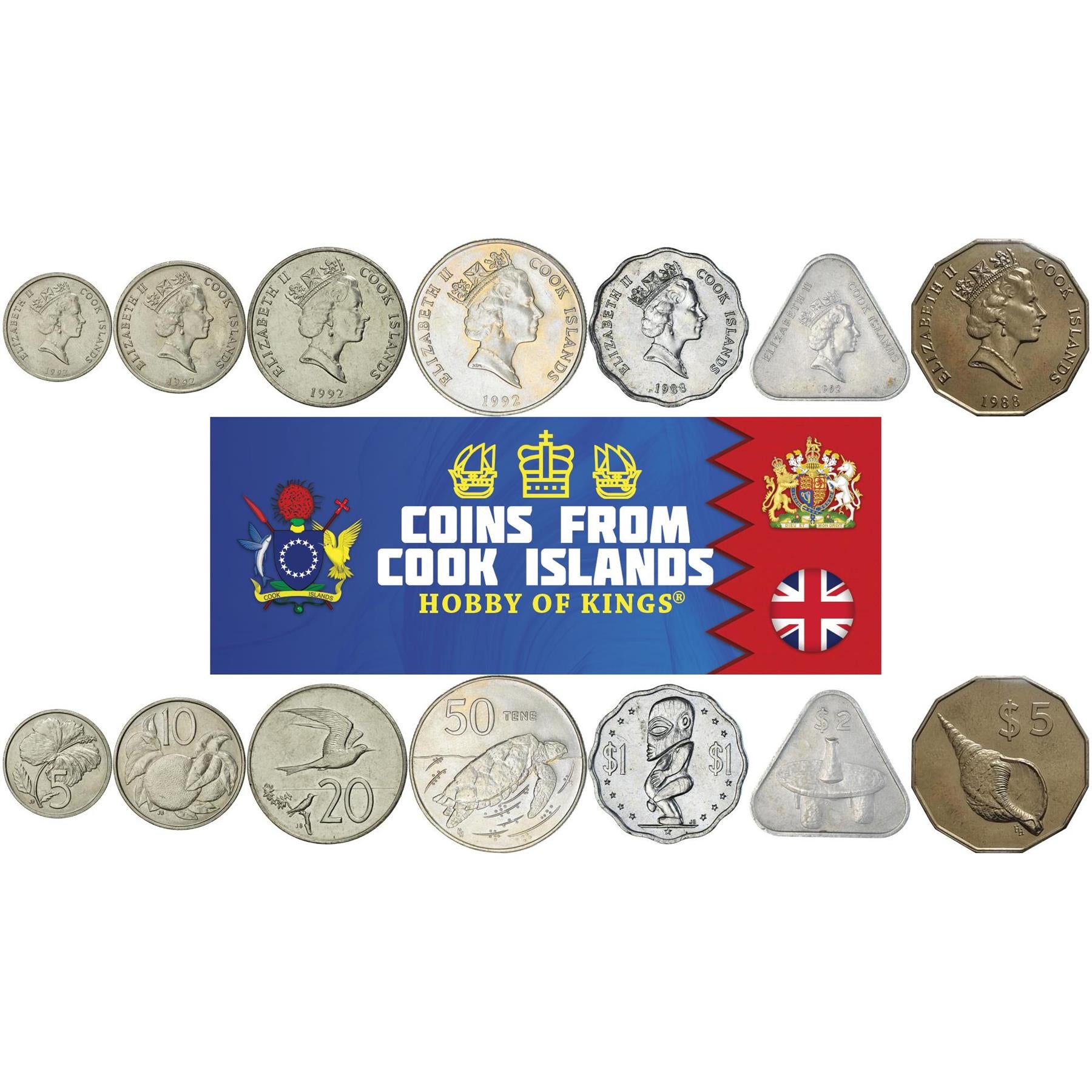 Cook Islands | 7 Coin Set | 5 10 20 Cents 50 Tene 1 Dollar 2 5 Dollars | 1987 - 1994