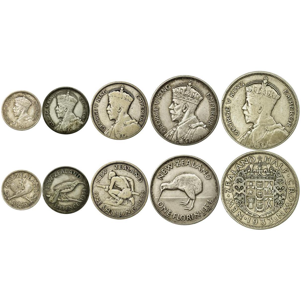 New Zealand | 5 Coin Set | 3 6 Pence 1 Shilling 1 Florin 1/2 Crown | 1933 - 1936