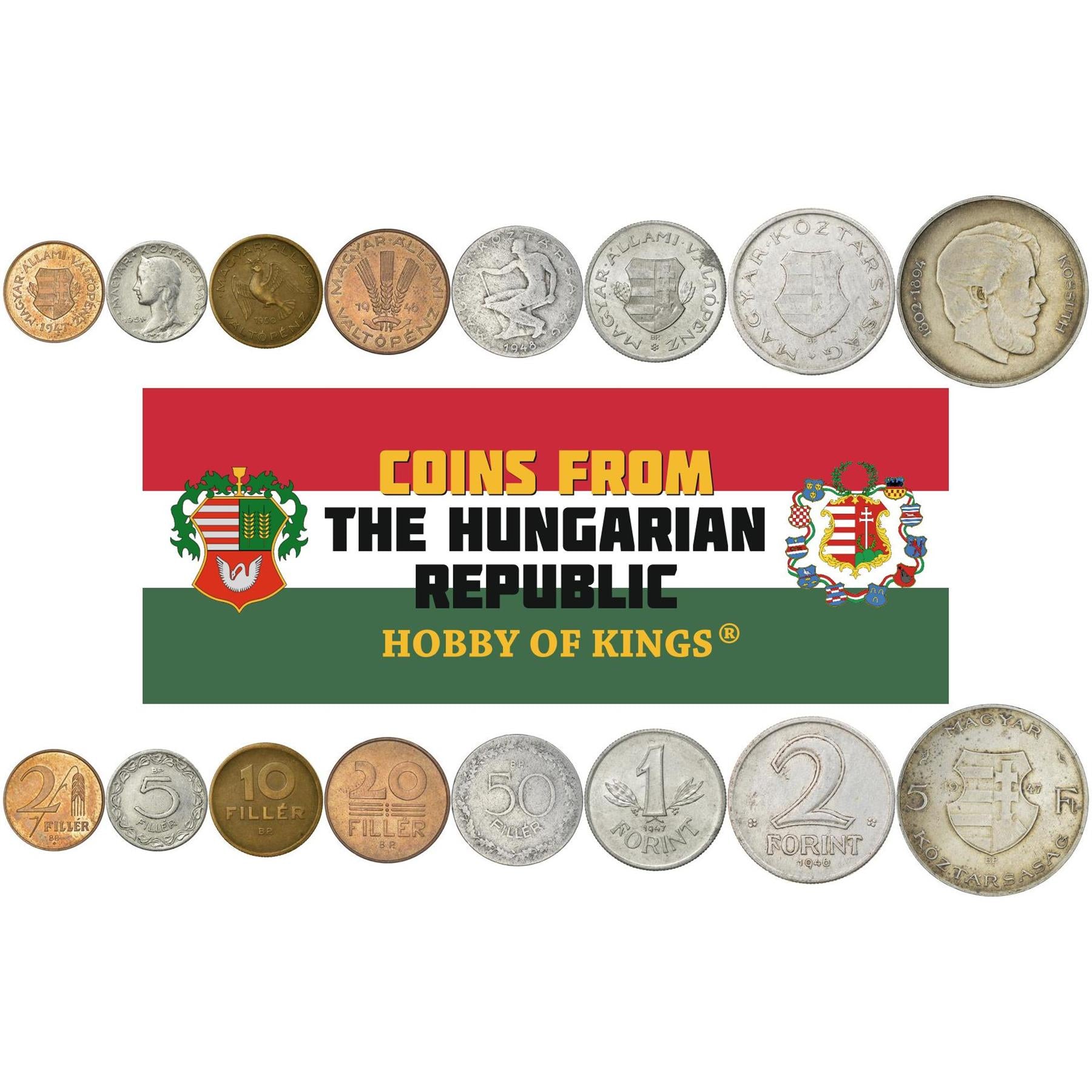 Hungarian 8 Coin Set 2 5 10 20 50 Filler 1 2 5 Forint | Dove | Lady Hungaria | Hungary | 1946 - 1951