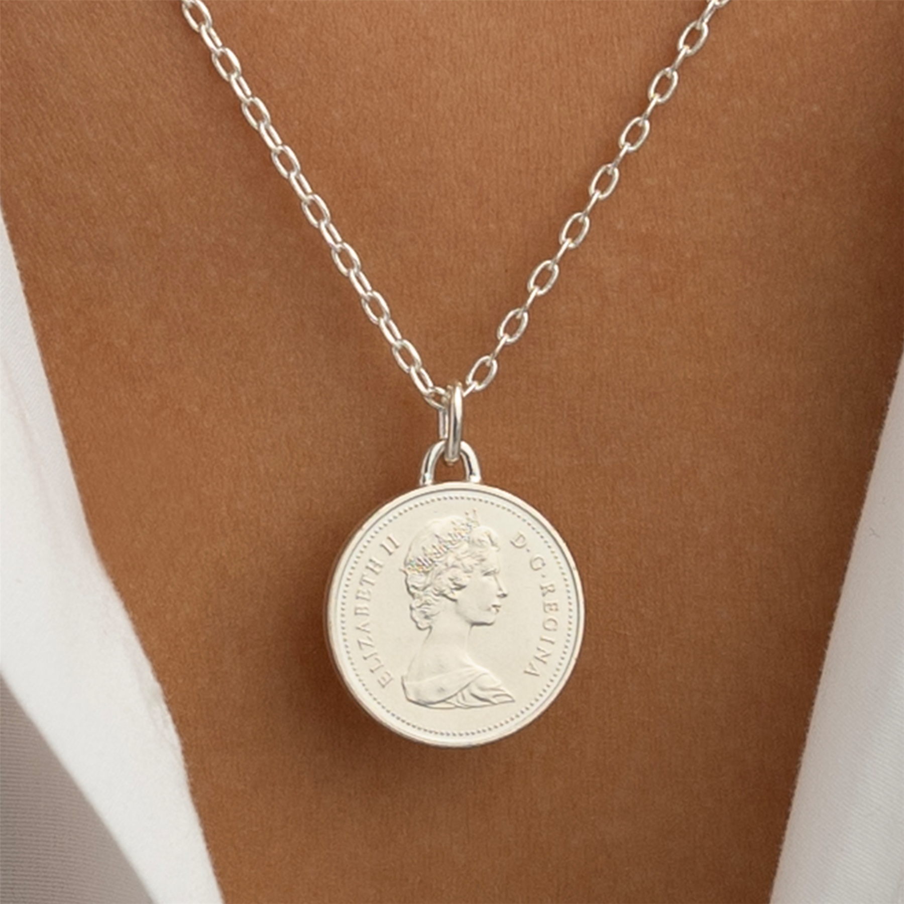 Canadian Coin Necklace | Medallion Pendant Jewelry | Rhodium Plated 5 Cents | Queen Elizabeth II | 1965 - 1989