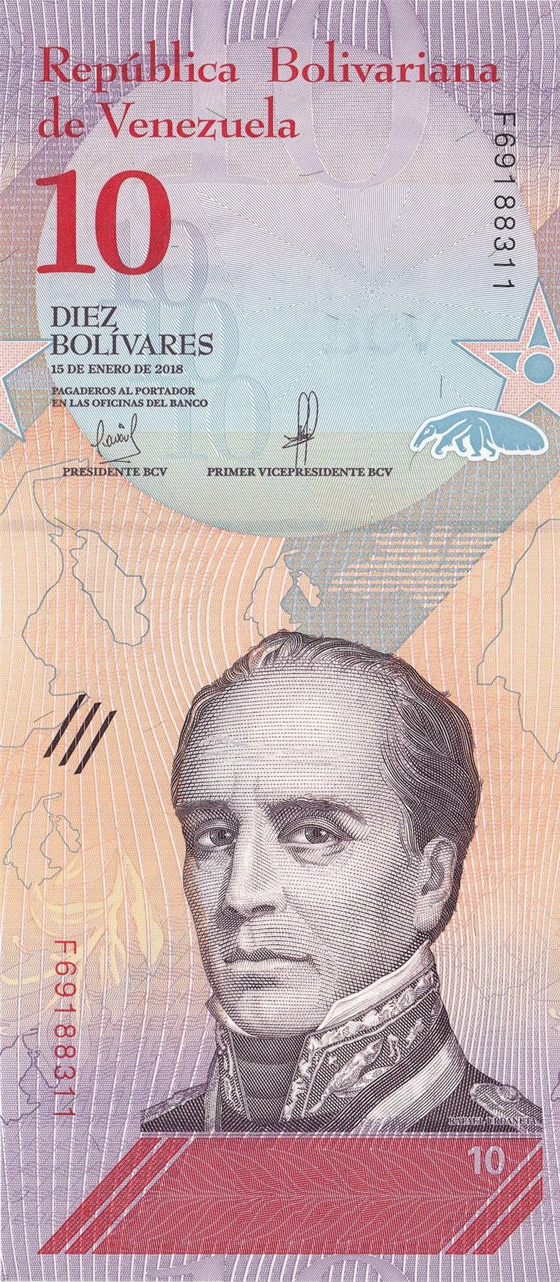 Venezuela | 10 Bolivares Banknote | 2018 | Rafael Urdaneta | Giant Anteater | Catatumbo Thunderstorms | Lake Maracaibo | Oil Derrick