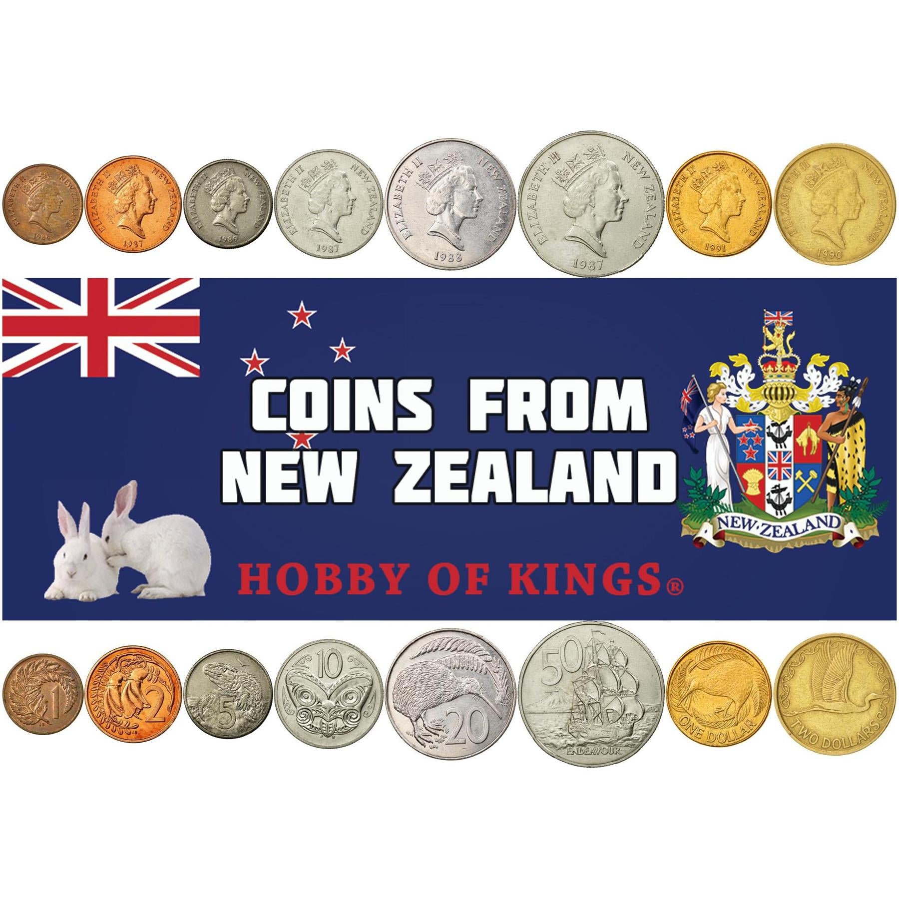 Set 8 Coins New Zealand 1 2 5 10 20 50 Cents 1 2 Dollars 1986 - 1998
