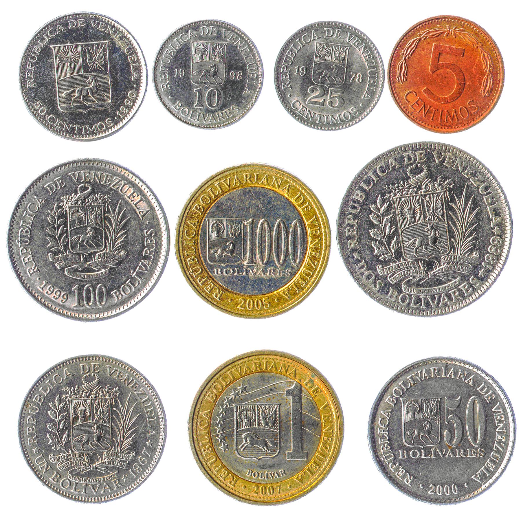 Venezuela 10 Mixed Coins 1 Bolivar |Stars | Waves | Simon Bolivar | 1979 - 2020