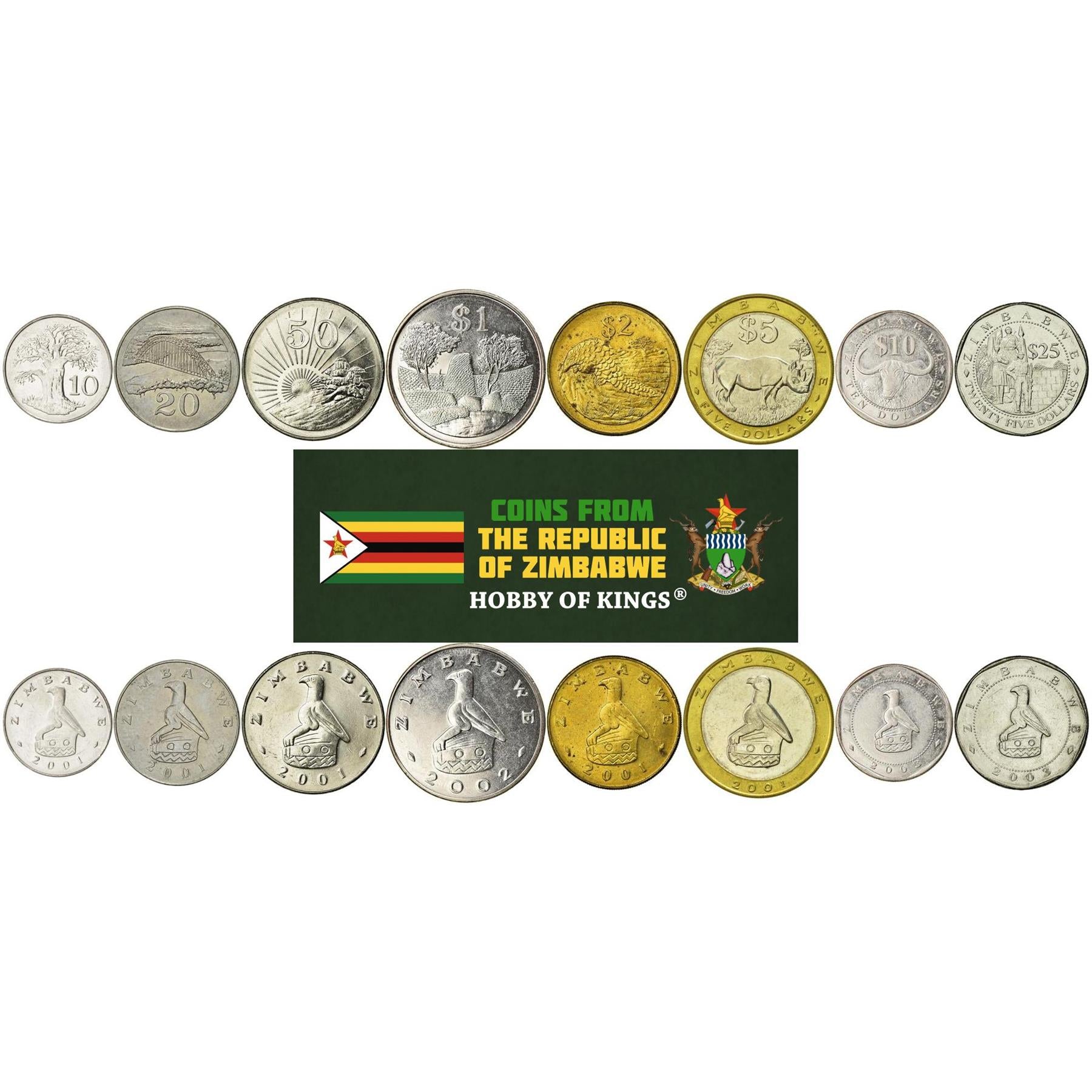 Zimbabwe | 8 Coin Set | 10 20 50 Cents 1 Dollar 2 5 10 25 Dollars | 2001 - 2003