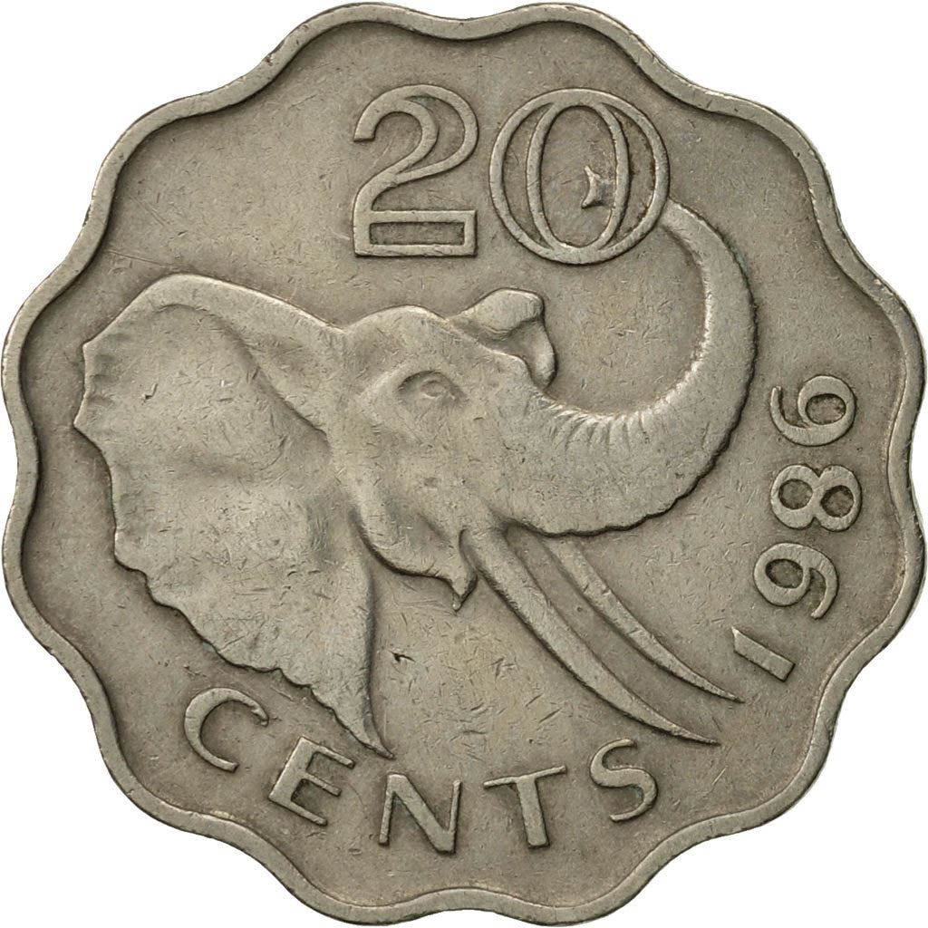 Kingdom of Swaziland | 20 Cents Coin | King Mswati III | Elephant | Km:42 | 1986