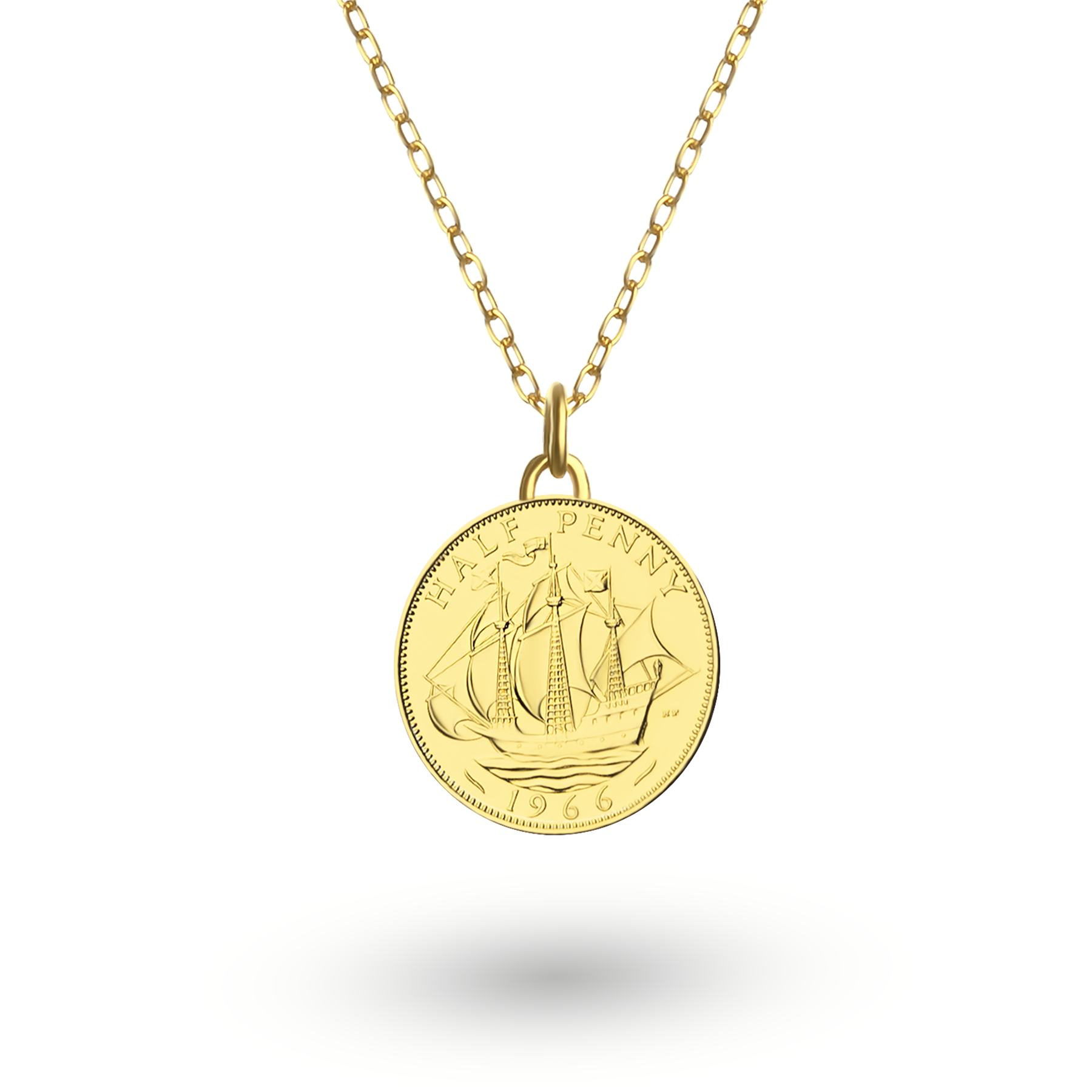 British Coin Necklace | Medallion Pendant Jewelry | 18K Gold Plated 1/2 Penny | Queen Elizabeth II | 1954 - 1970