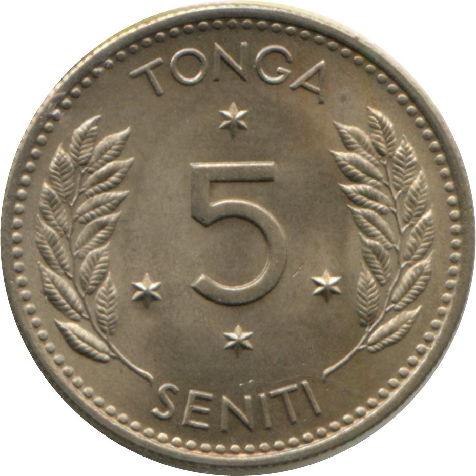 Tonga | 5 Seniti Coin | King Topou IV | Branch | Km:29 | 1968 - 1974