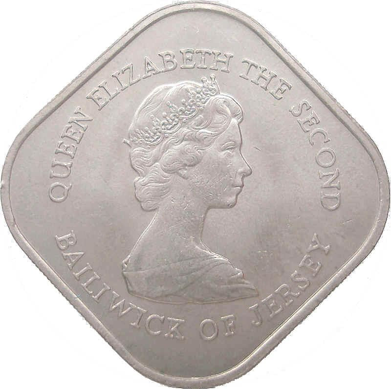 Монета островитянина Джерси номиналом 1 фунт | Королева Елизавета II | Битва при Джерси | Диадема | KM51 | 1981