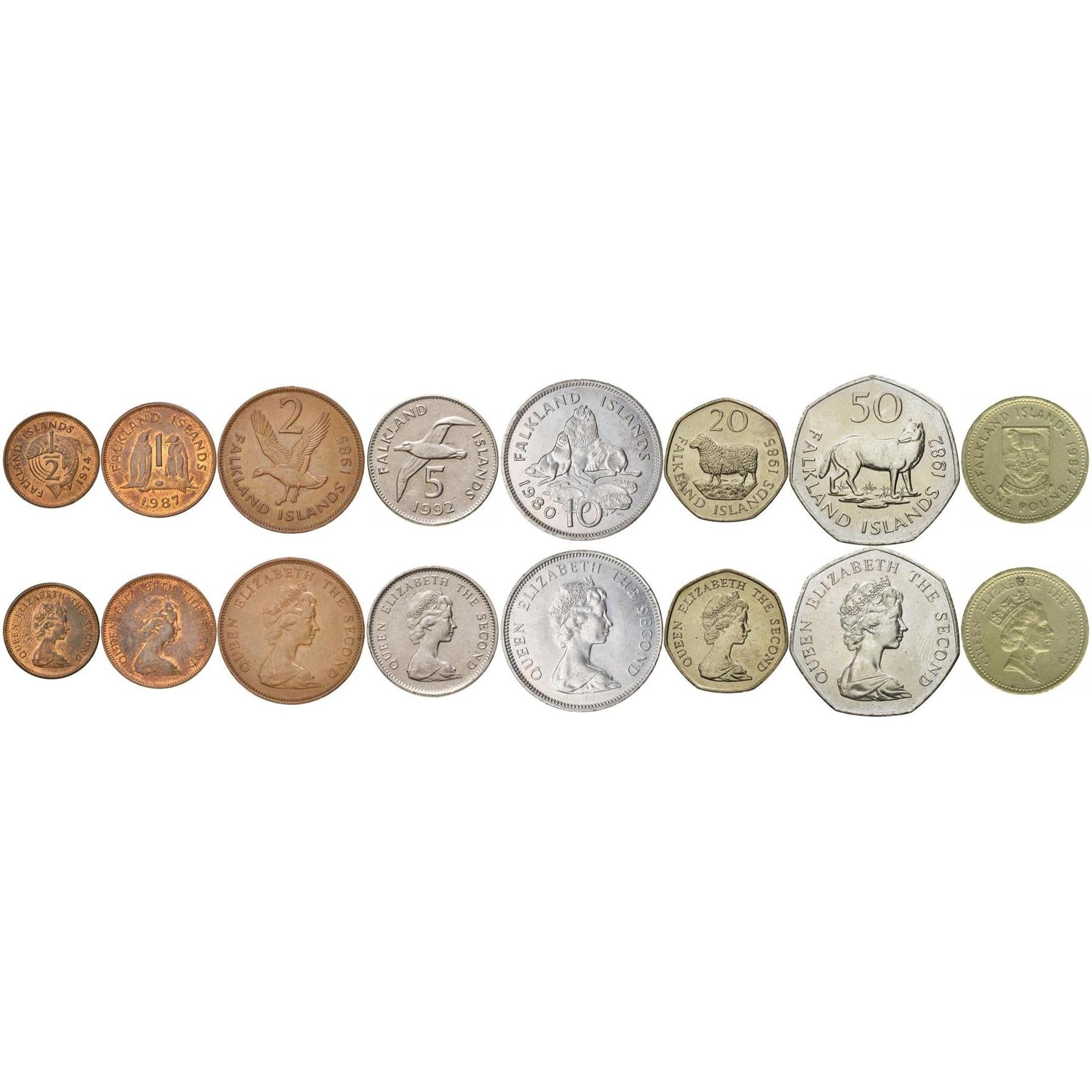 Falklandsöarna | Set med 8 mynt | 1/2 1 Penny 2 5 10 20 50 Pence 1 Pound | 1974 - 1992