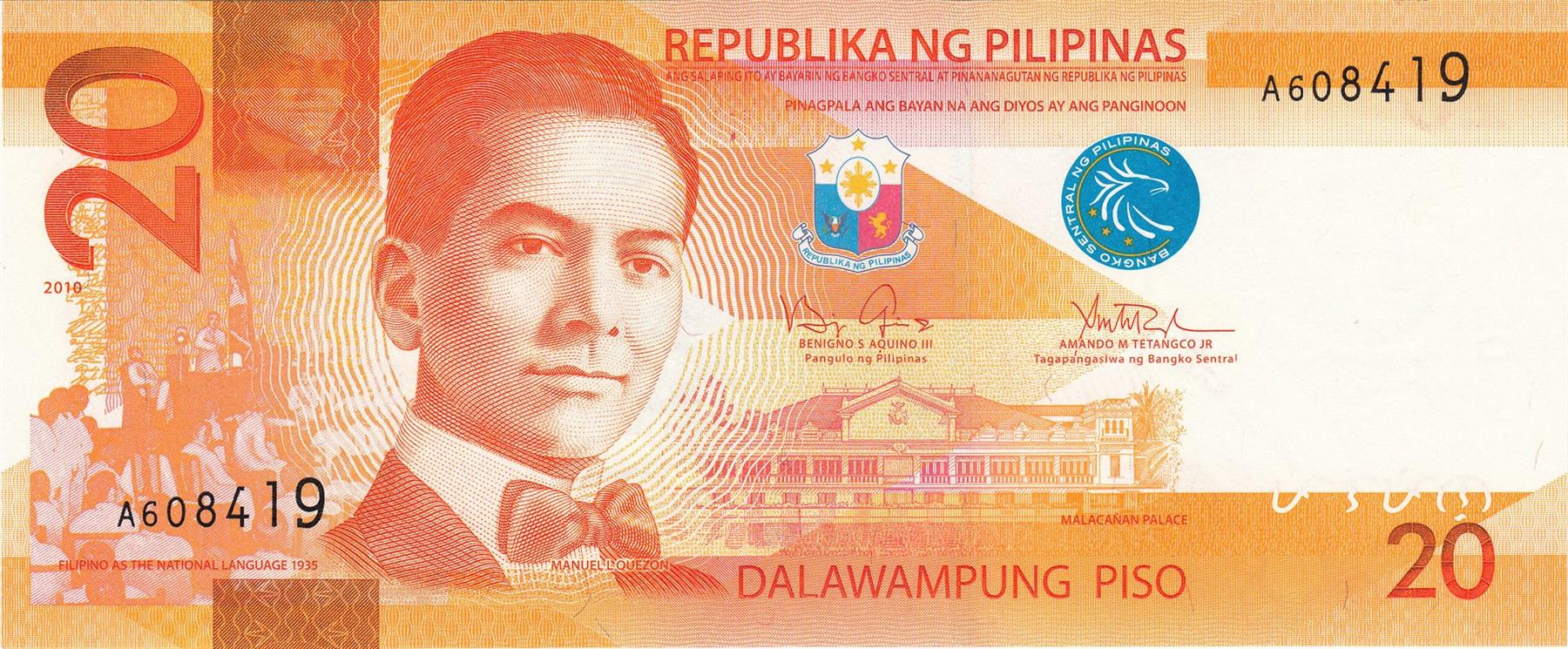 Philippines | 20 Piso Banknote | 2010 - 2022 | Manuel L. Quezon | Malacañan Palace | Banaue Rice Terrace