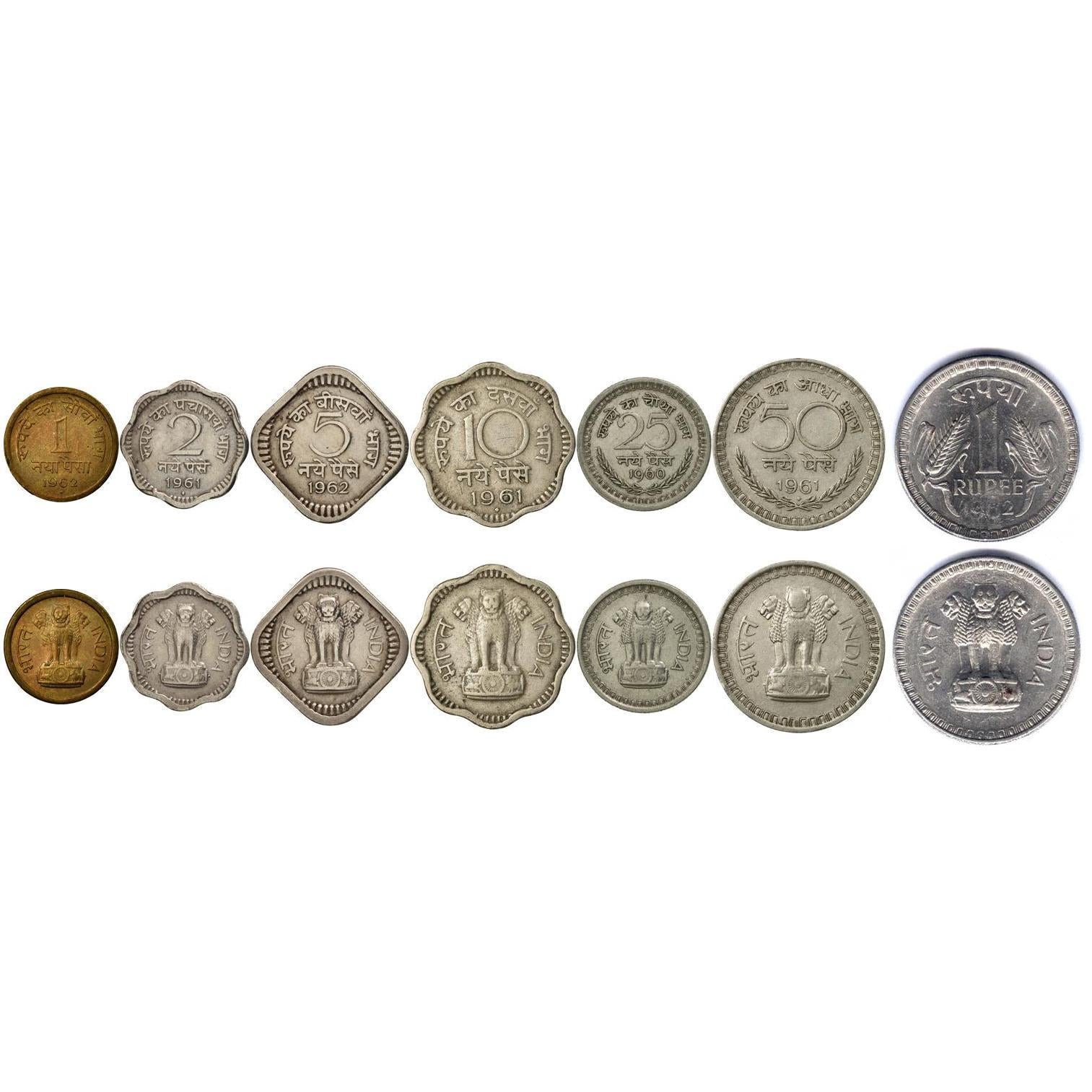 India | 7 Coin Set | 1 Naya 2 Naye 5 Naye 10 Naye 25 Naye 50 Naye Paisa 1 Rupee | 1957 - 1963