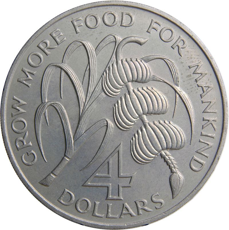 Barbados 4 Dollars Coin | Queen Elizabeth II | FAO | Sugar Cane | Banana Tree | KMA9 | 1970
