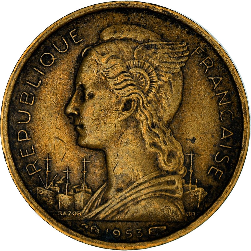 Madagascar | 10 Francs Coin | Marianne | Cargo Ship | Map | Horns | Km:6 | 1953