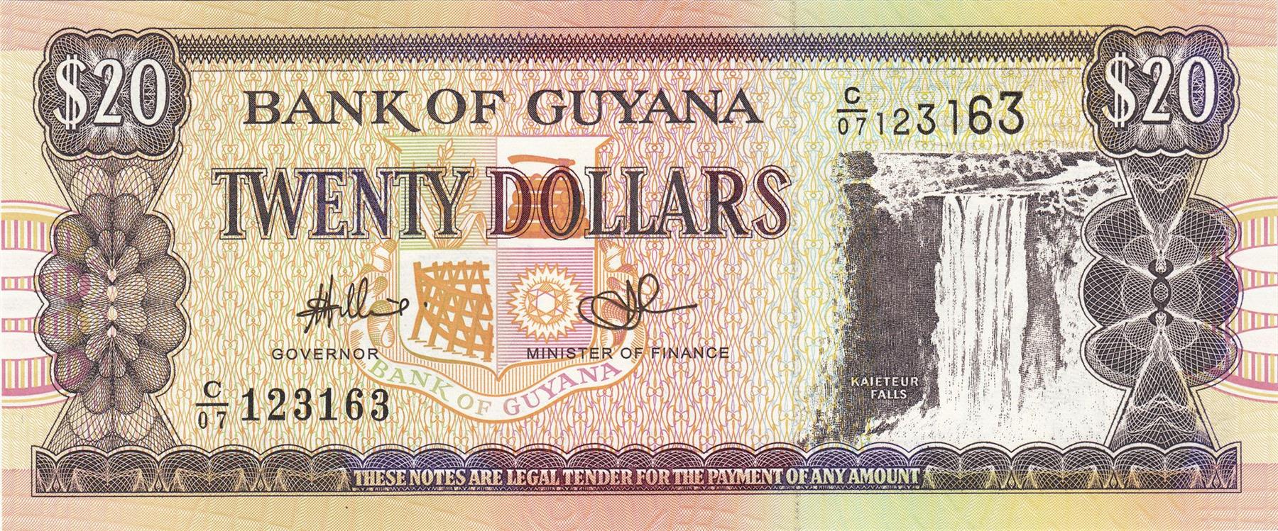 Guyana | 20 Dollars Banknote | 1996 - 2025 | Kaieteur Falls | Seal of the Bank | Shipbuilding | Ferry Vessel Malali | Port