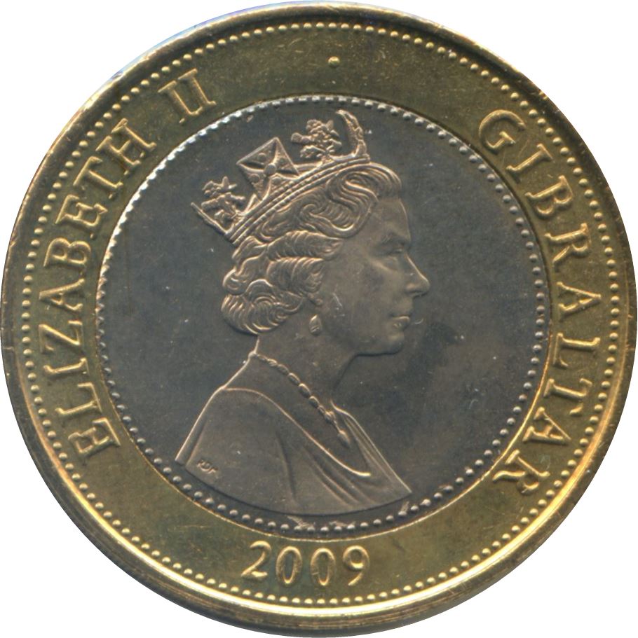 Gibraltar | 2 Pounds Coin | Queen Elizabeth II | Trafalgar Battle | KM1073 | 2005 - 2011