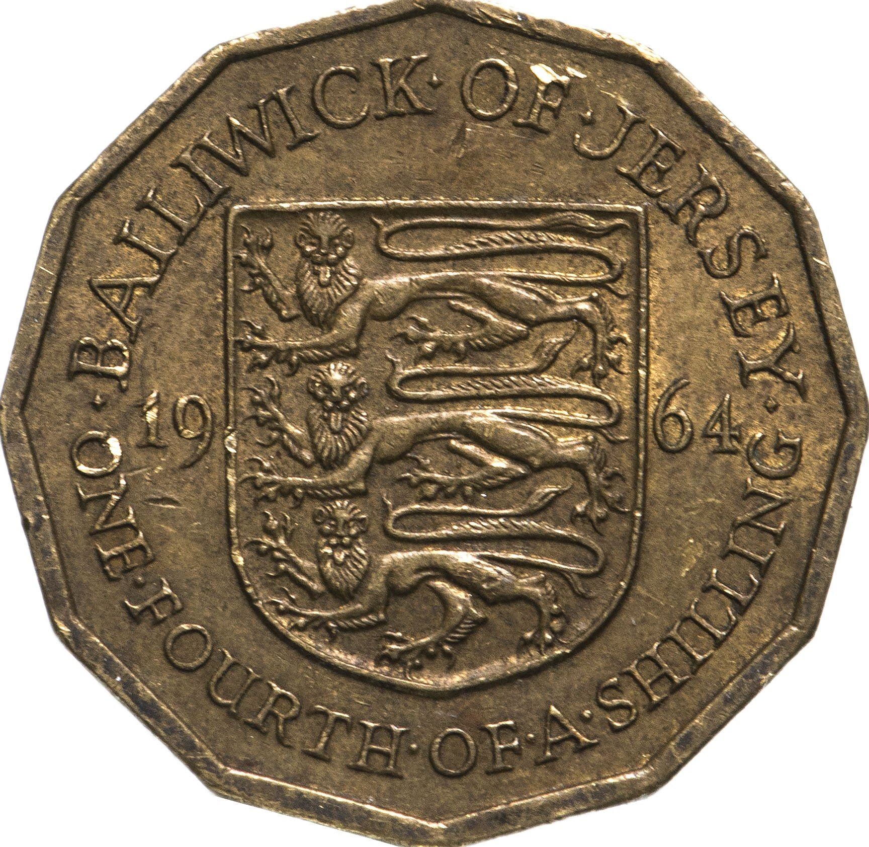 Jersey Coin Islander 1/4 Shilling Coin | Queen Elizabeth II | Lion | Shield | KM25 | 1964
