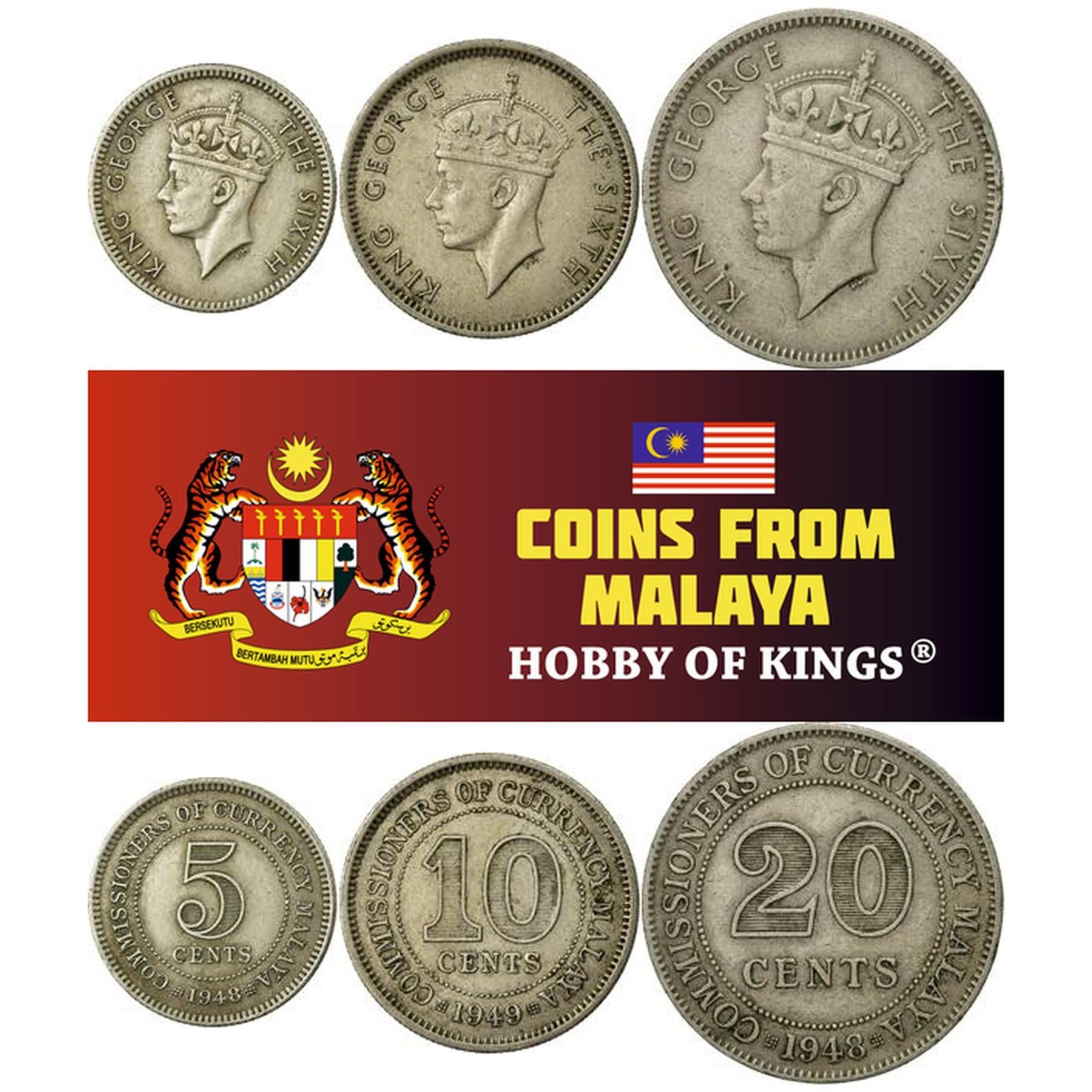 Malaya | 3 Coin Set | 5 10 20 Cents | 1948 - 1950