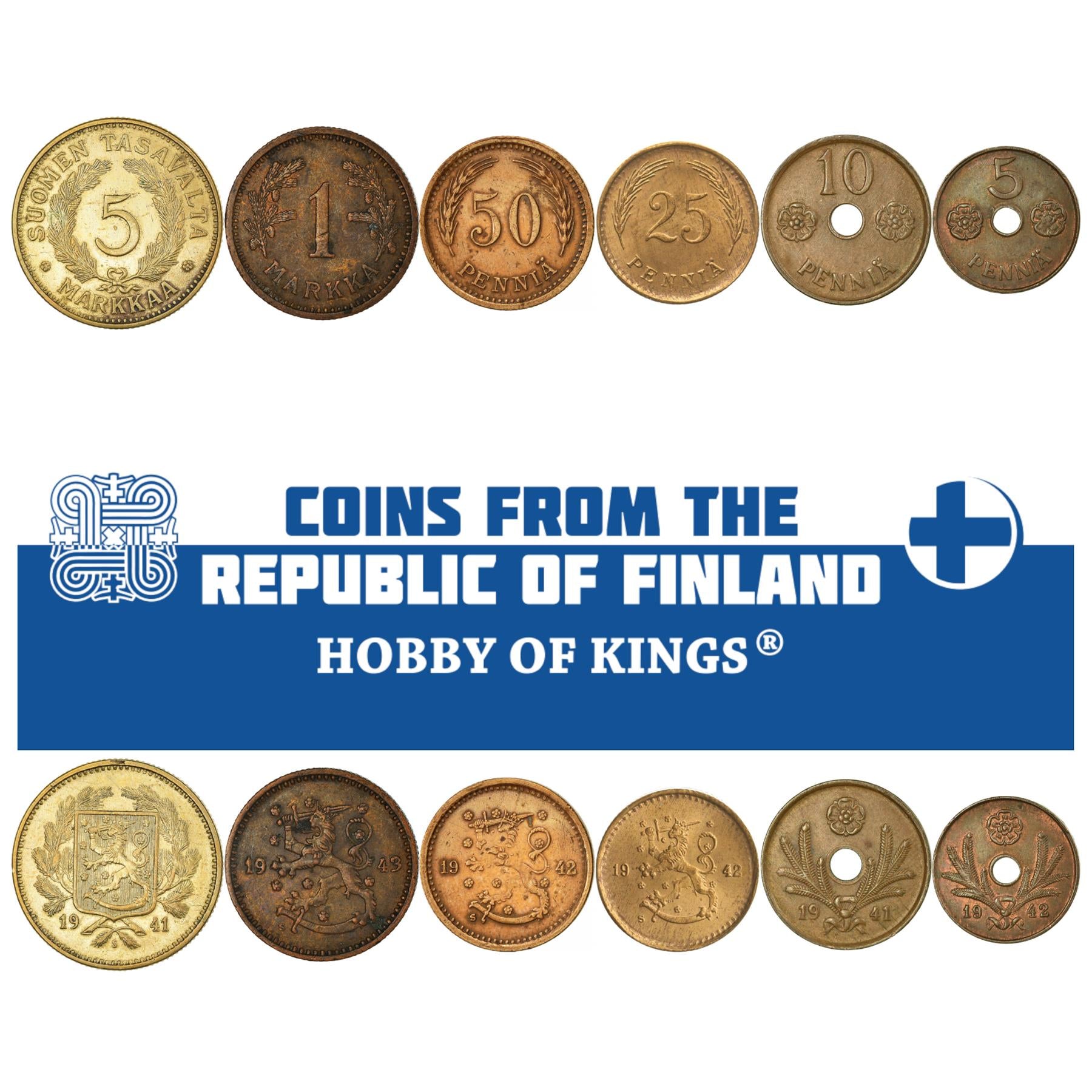 Finnish 6 Coin Set 5 10 25 50 Pennia 1 5 Markkaa | Rose | Finland | 1940 - 1943