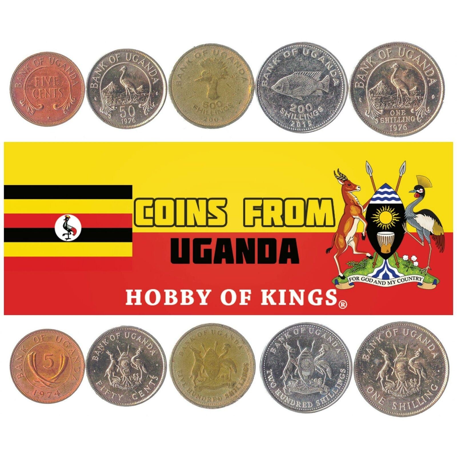 5 Different Coins From Uganda Cents Shillings African Money Currency 1966-2019
