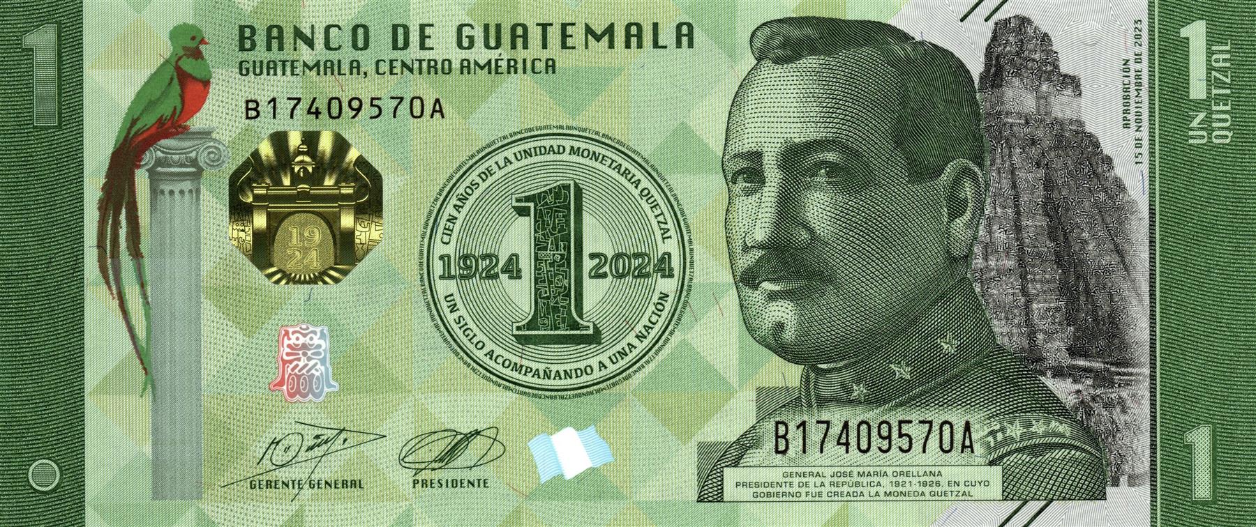 Guatemala | 1 Quetzal Banknote | 2024 | General José María Orellana | Tikal temple | 100 Years of the Quetzal | Central Bank | Flag