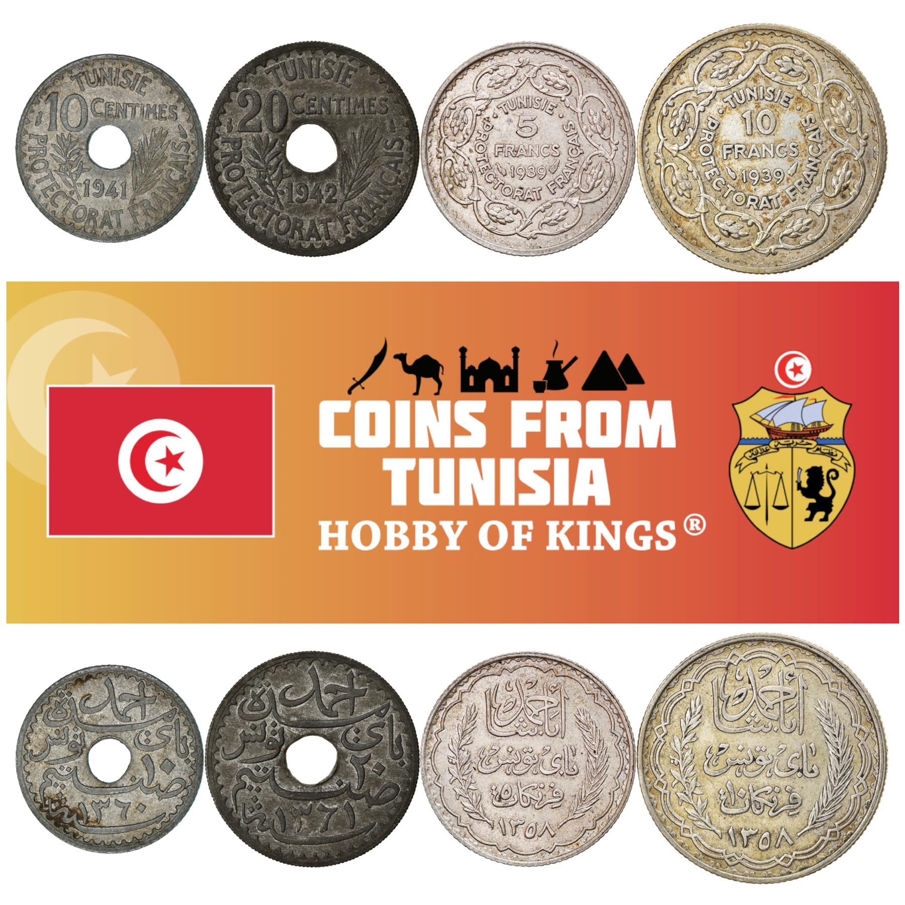 Tunisian 4 Coin Set 10 20 Centimes 5 10 Francs | Tunisia | 1939 - 1942