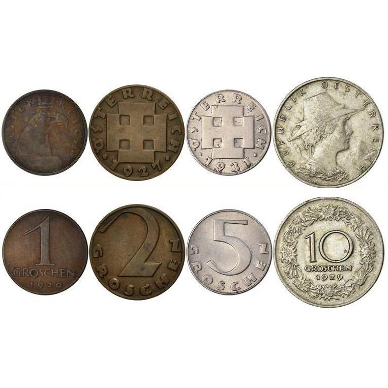 Austria | 4 Coin Set | 1 2 5 10 Groschen | Cross Potent | Tyrol Woman | Floral Wreath | 1925 - 1933