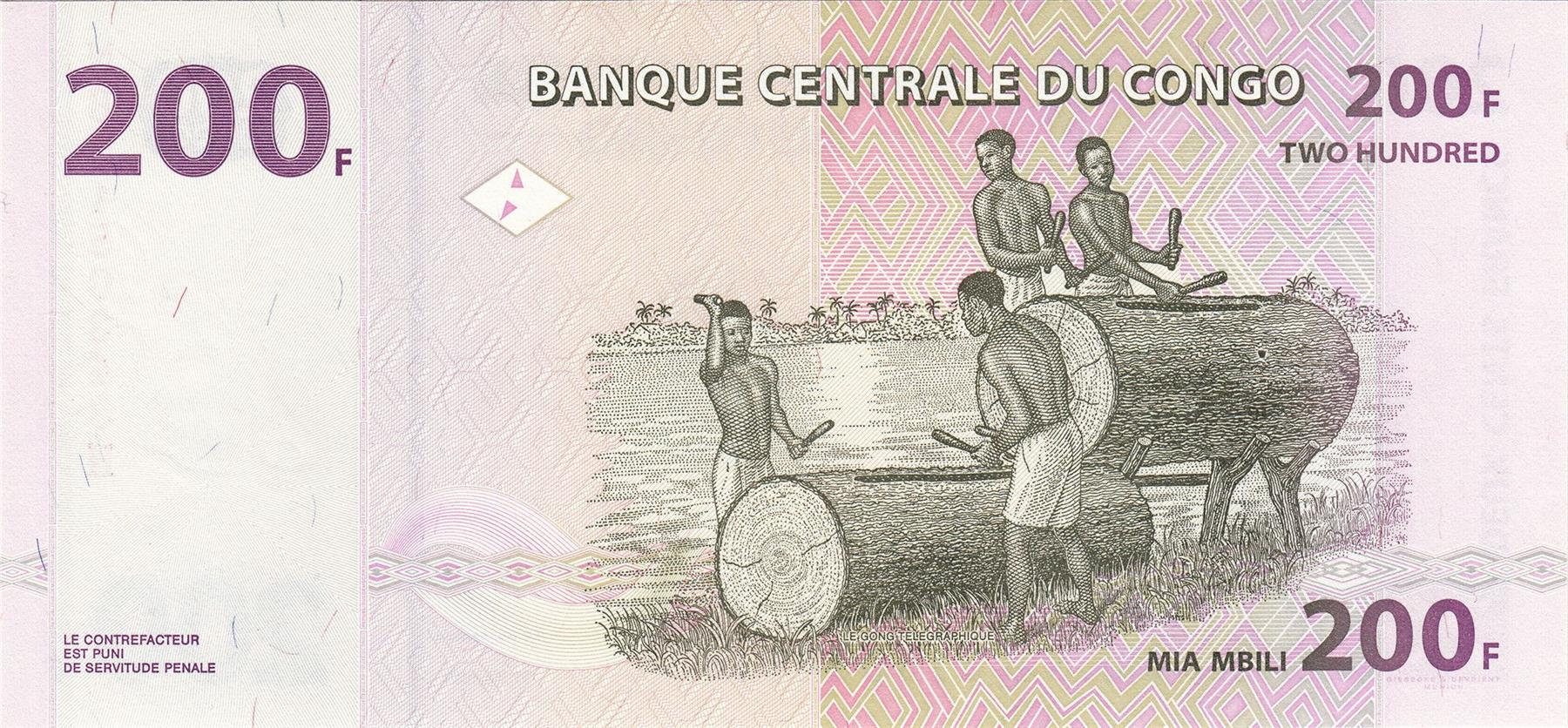 República Democrática del Congo | Billete de 200 francos | 2007 - 2024 | Fieldworkder | Escultura agrícola | Tambores telegráficos Gong