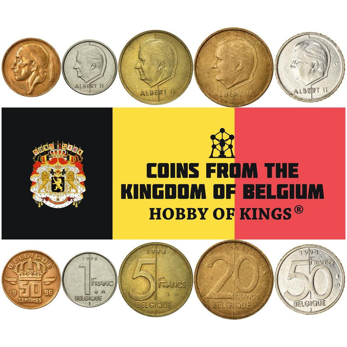 Belgian 5 Coin Set 50 Centimes 1 5 20 50 Francs | Olive branch | Lion | Star | Constitution | Ivy | Oak twig | 1994 - 2001