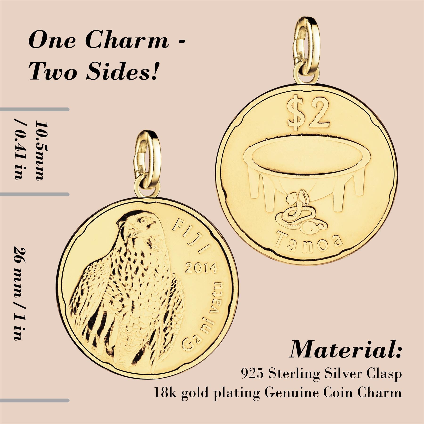 Fiji 2 Dollars Coin Charm | 925 Sterling Silver 18K Gold Plated | 2014 - 2022
