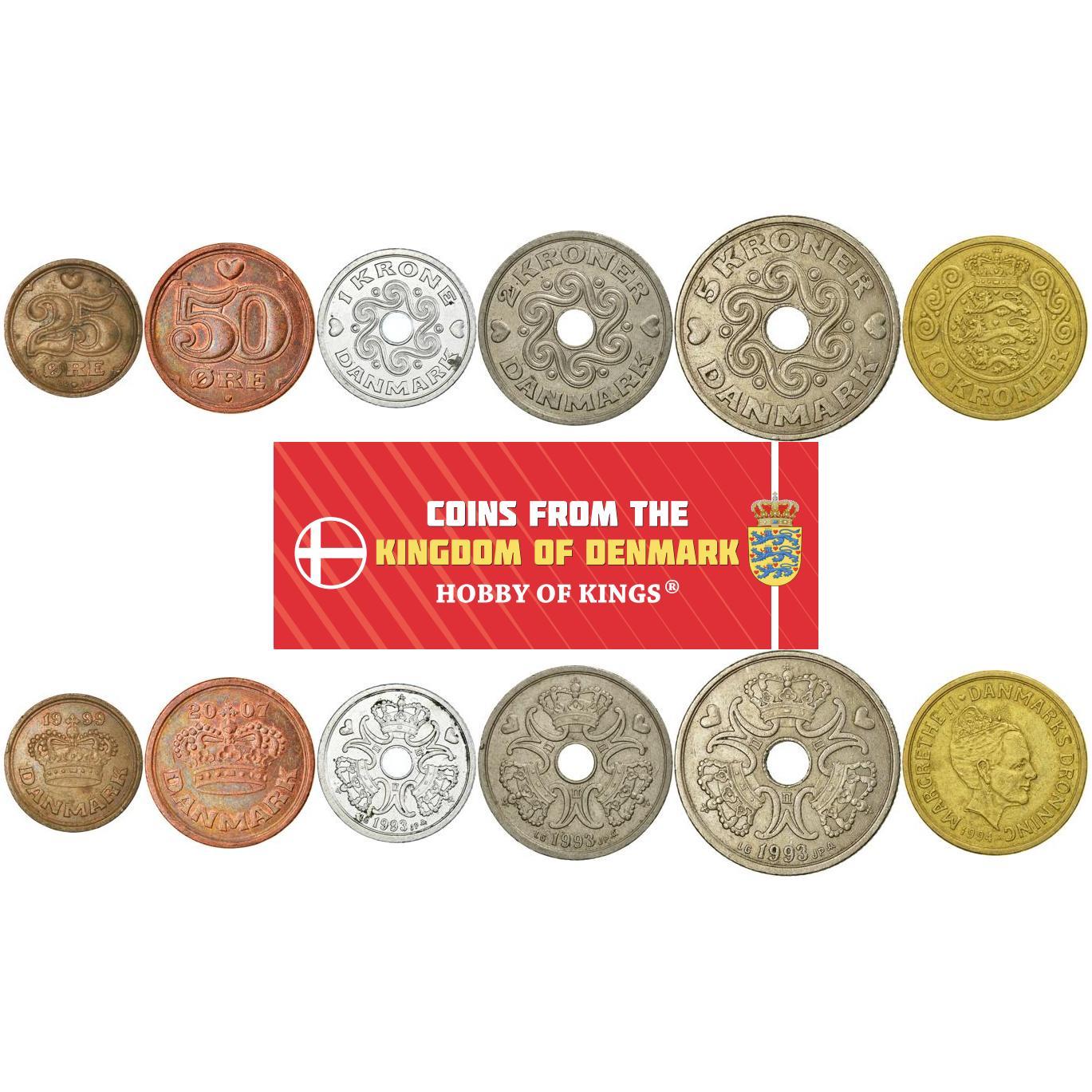 Denmark | 6 Coin Set | 25 50 Ore 1 Krone 2 5 10 Kroner | 1989 - 2021