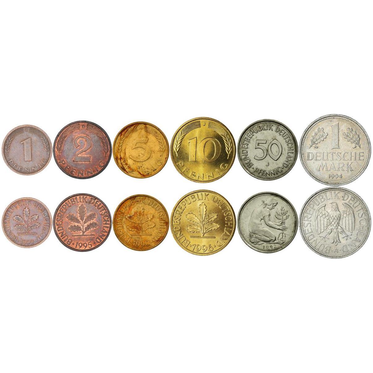 German 6 Coin Set 1 2 5 10 50 Pfennig 1 Deutsche Mark | Eagle | Oak Seedling | Germany | 1990 - 2001