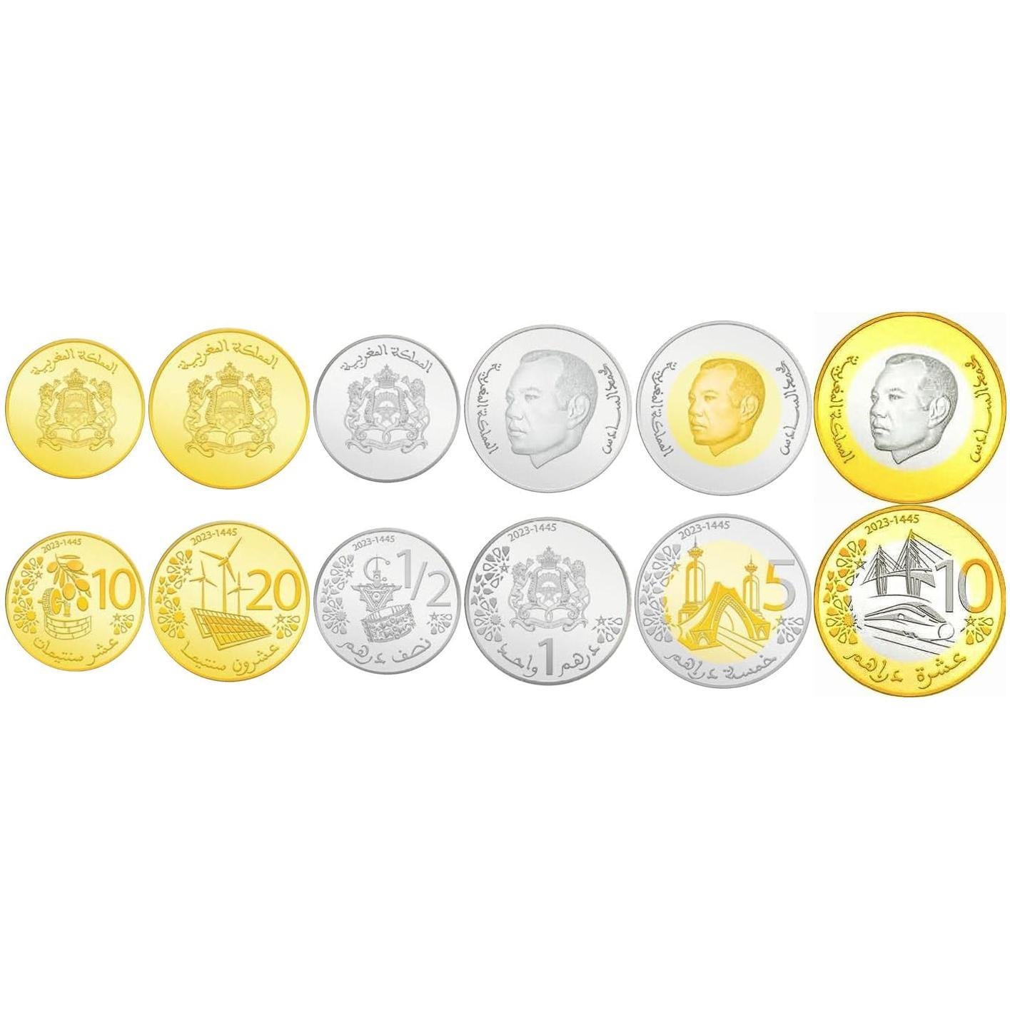 Morocco | 6 Coin Set | 10 20 Santimat 1/2 1 5 Dirham 10 Dirhams | Agricultural, Infrastructural, Economical, Political And Cultural Progress And Heritage | 2023
