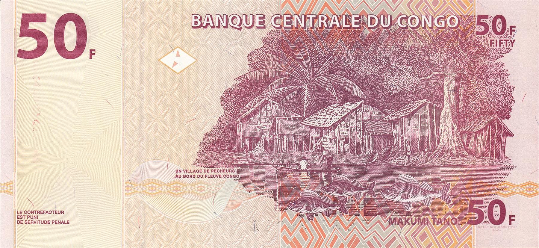 República Democrática del Congo | Billete de 50 francos | 2007 - 2022 | Máscara femenina Tshokwe | Mwana Pwo | Aldea de pescadores | Pez
