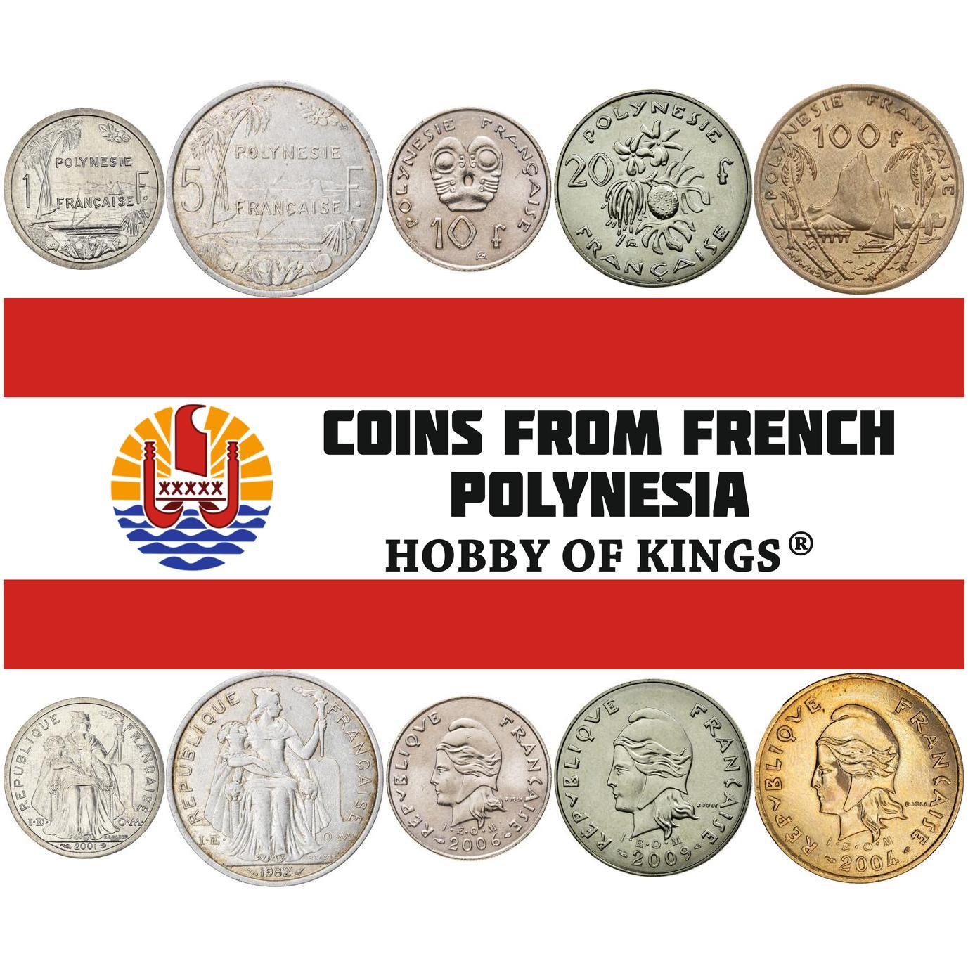 5 Mixed French Polynesian Coins | CFP Franc | Palm Tree | Sailboat | Fruit | Tribal Mask