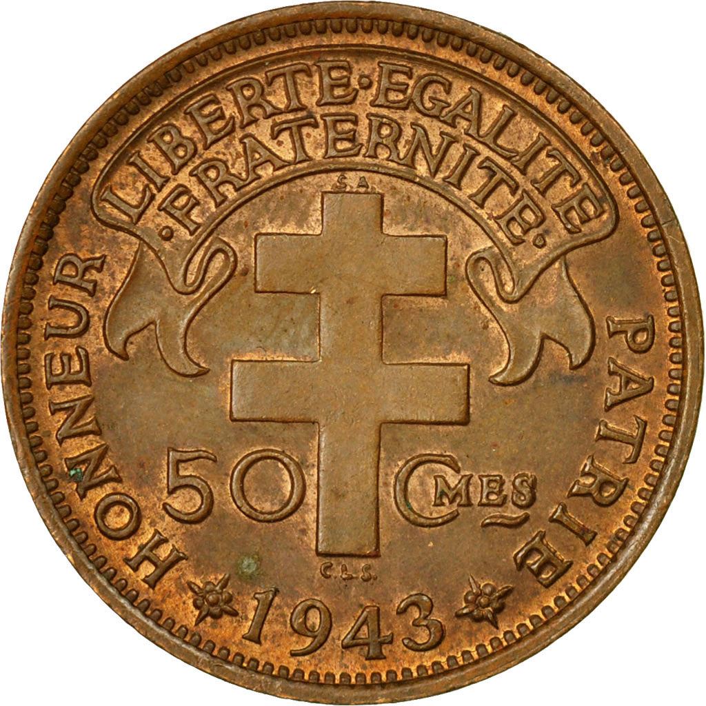 Madagascar | 50 Centimes Coin | Rooster | Lorraine Cross | Km:1 | 1943