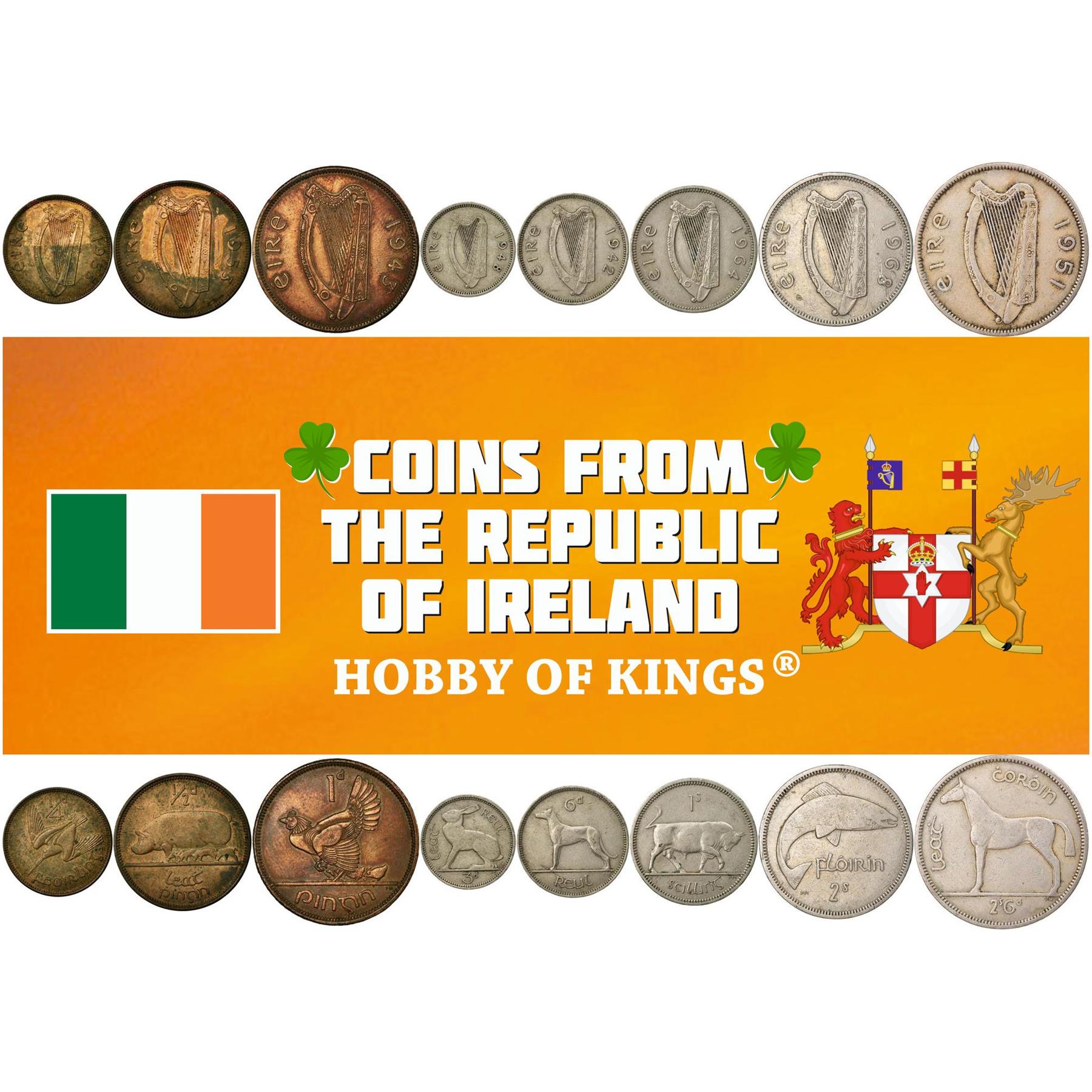 Ирландия | Набор из 8 монет | Февраль 1/2 1 3 6 Пингин 1 Шиллинг 1 Флорин 1/2 Крона | 1939 - 1969