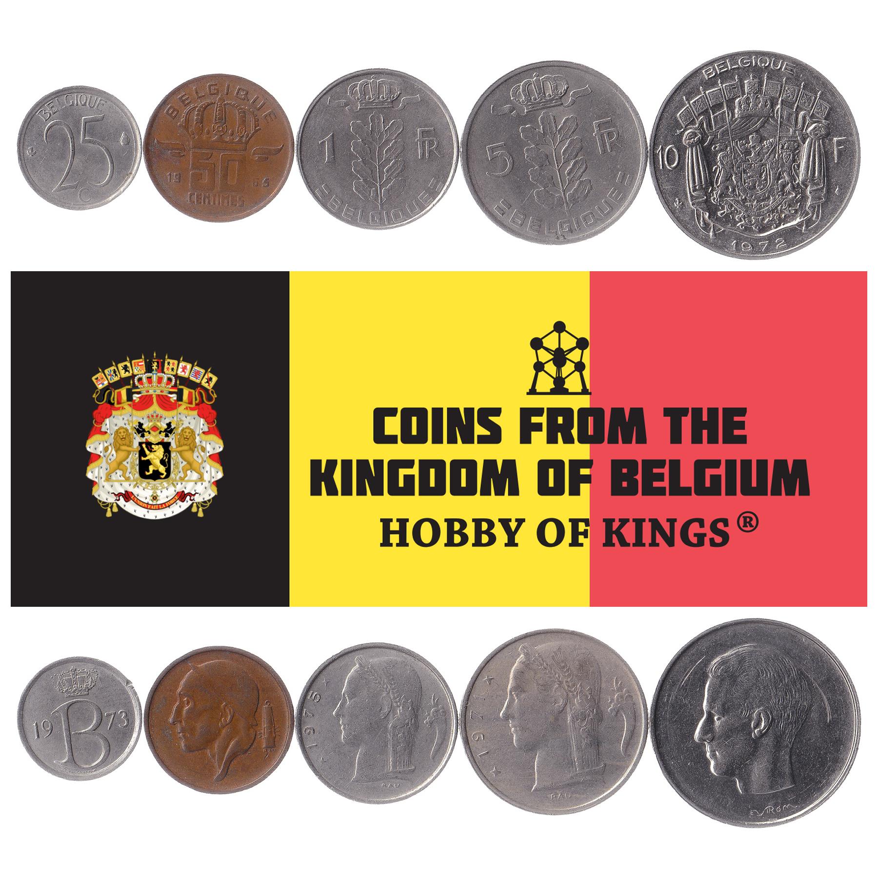 Belgium | 5 Coin Set | 25 50 Centimes 1 Franc 5 10 Francs | 1956 - 1988