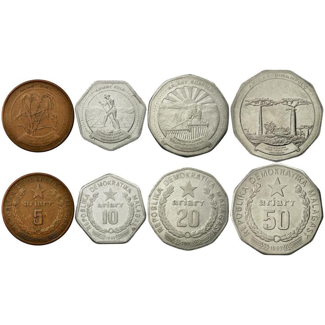 Madagascar | 4 Coin Set | 5 10 20 50 Ariary | 1992