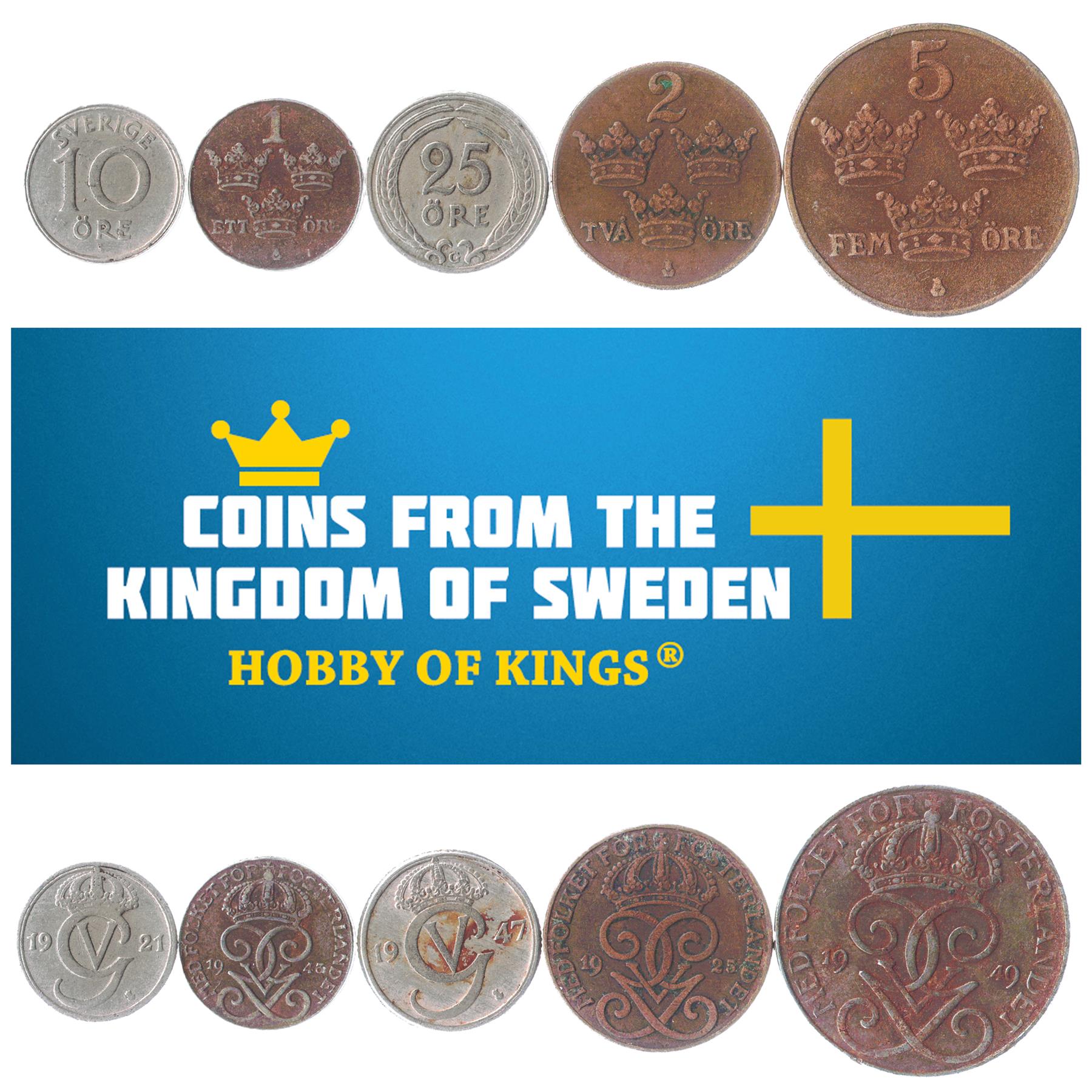 5 Old Coins From Sweden 1909-1950 Swedish Money Kings Gustaf Vi Adolf Gustav V