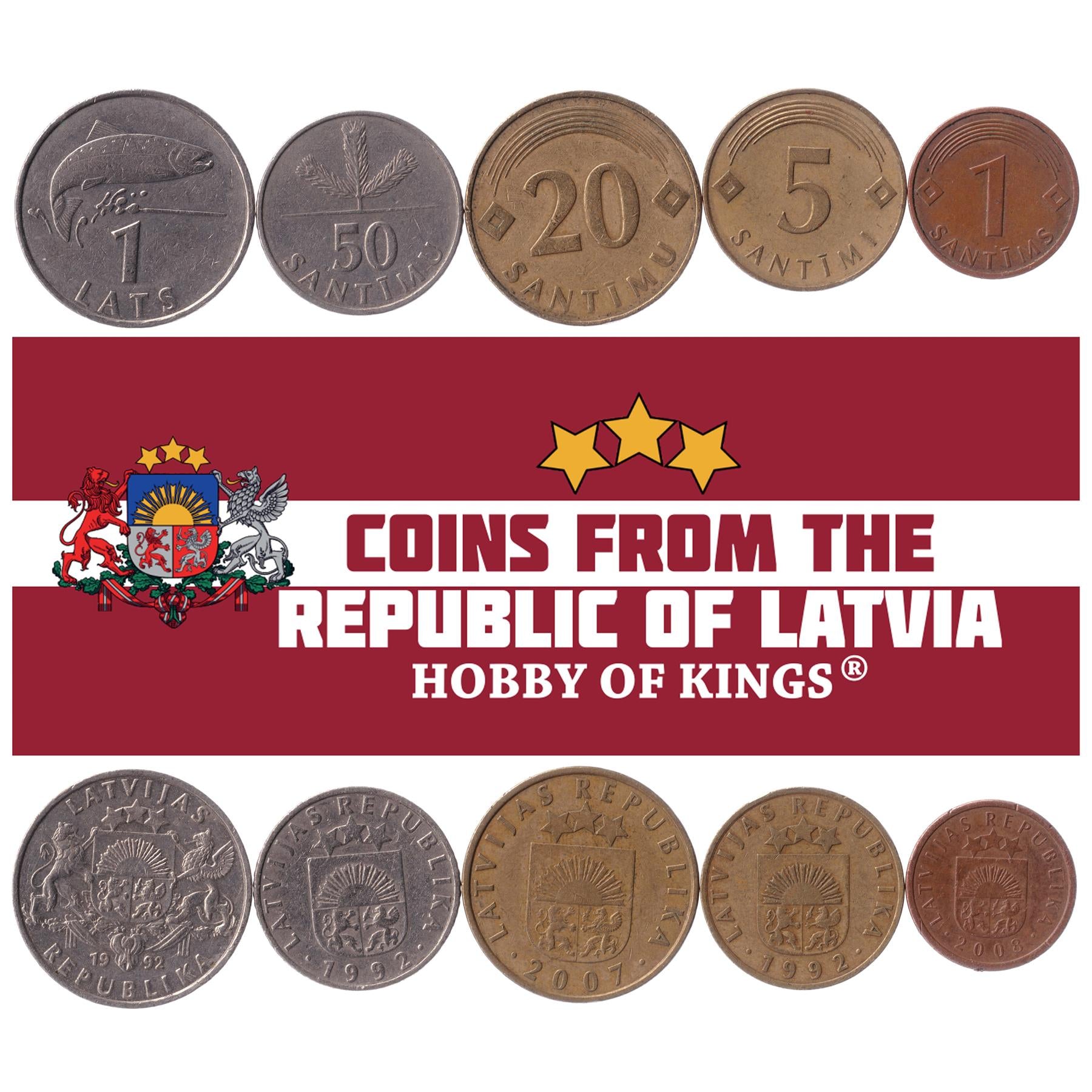 Olika mynt - gammal samlarutländsk valuta från Lettland för samlarboken - unika minnesset med världspengar - gåvor för samlare - samling om 5