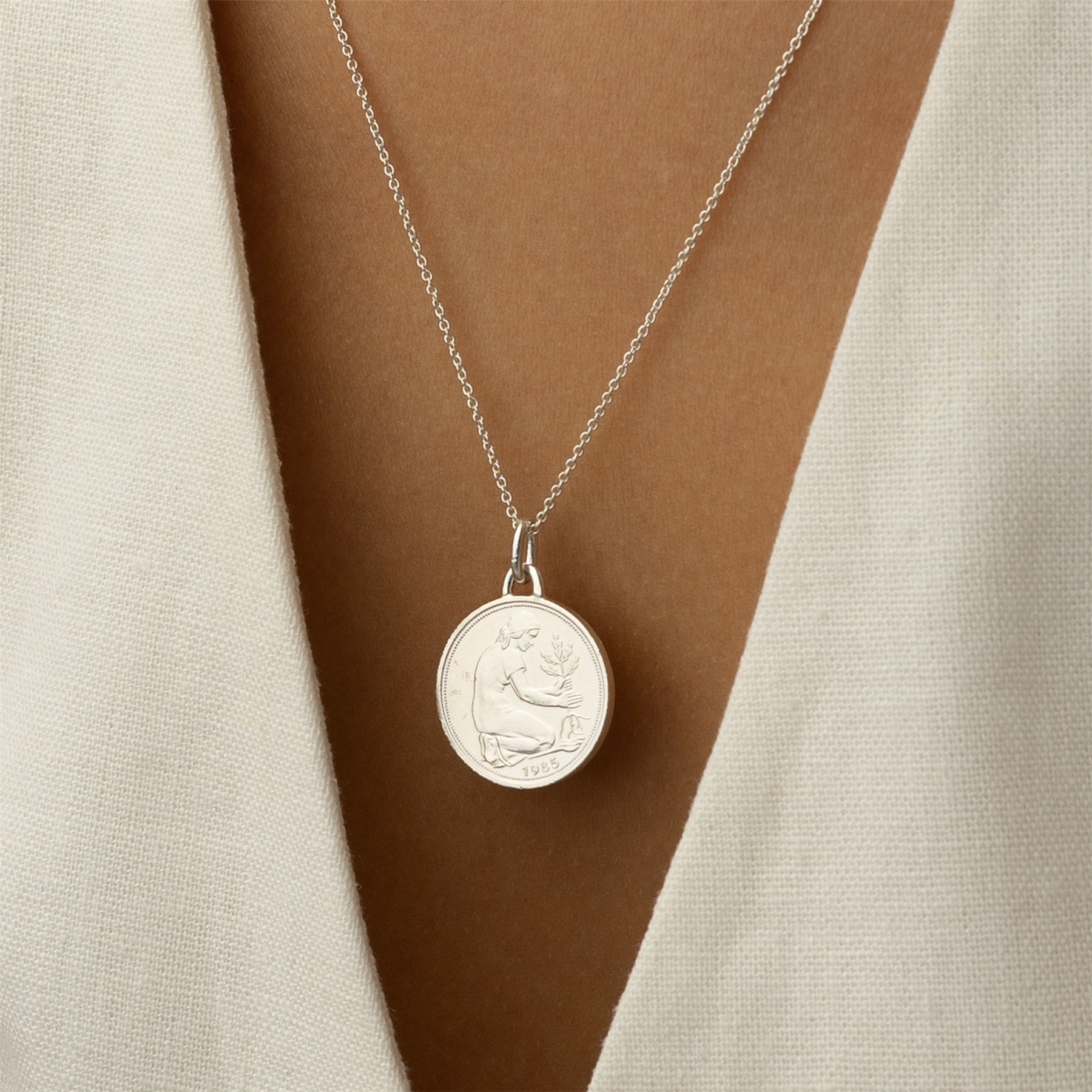German Coin Necklace | Medallion Pendant Jewelry | Rhodium Plated 50 Pfennigs | 1950 - 2001