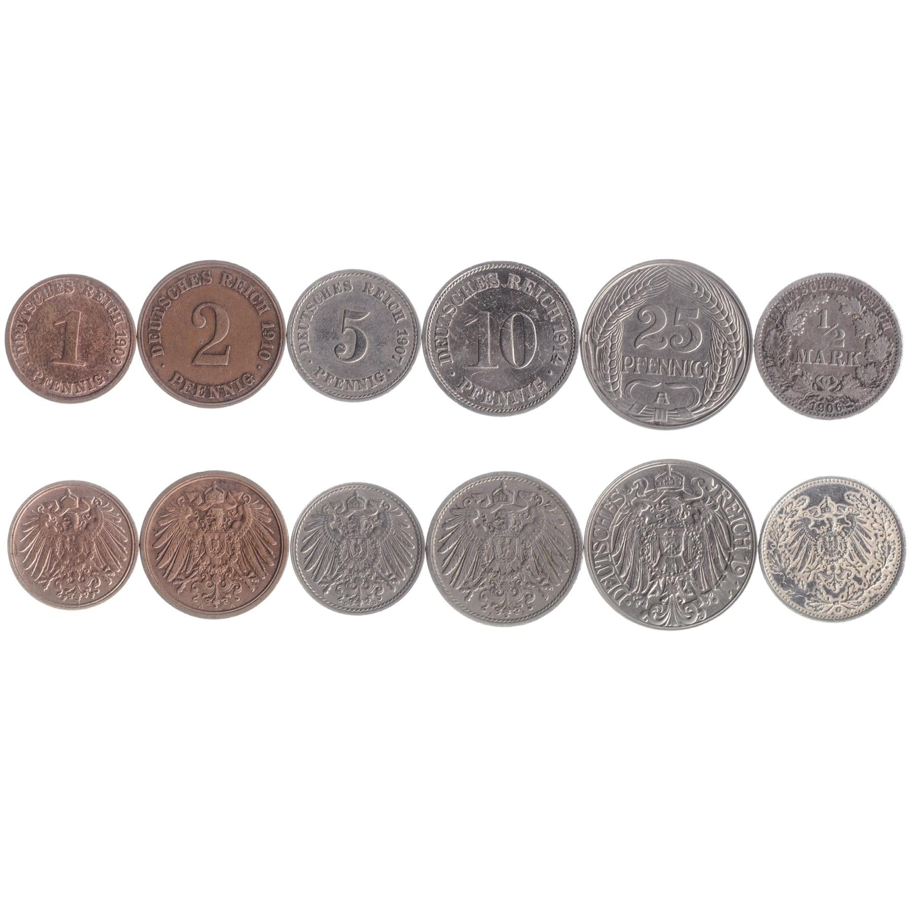 German Empire 6 Coin Set |1 2 5 10 25 Pfennig Half Mark | Imperial Eagle | German Reich | 1904 - 1919