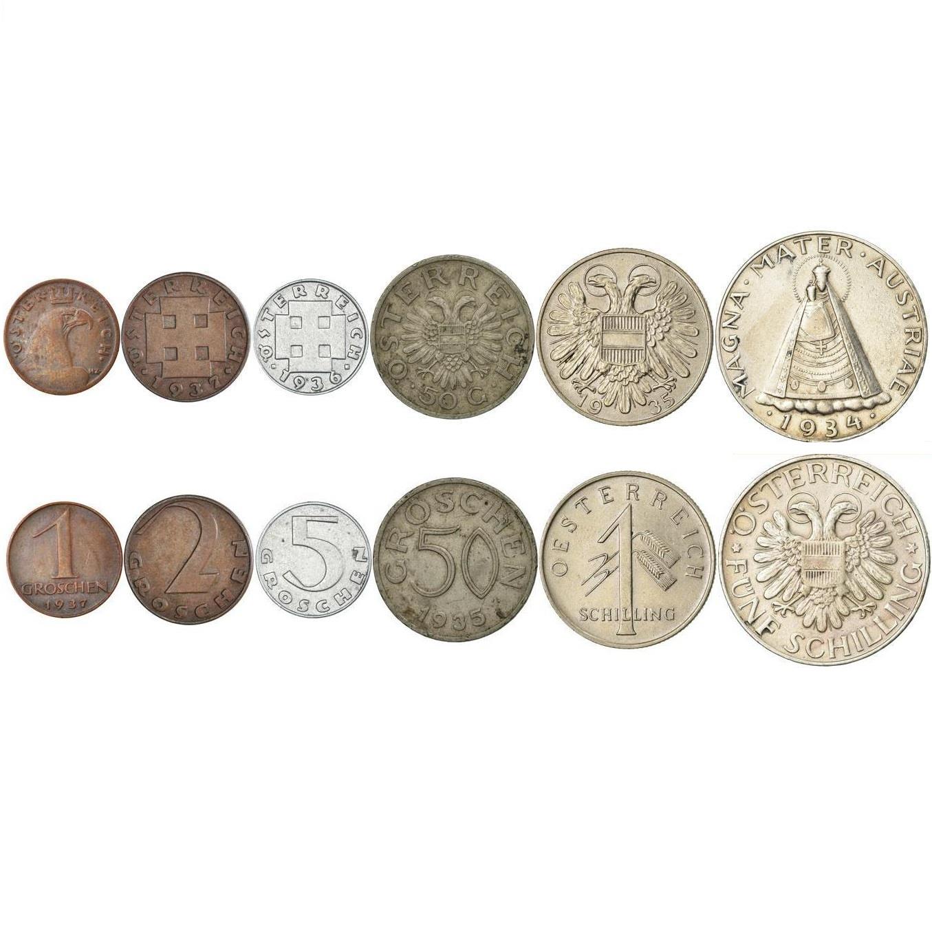 Austria | 6 Coin Set | 1 2 5 50 Groschen 1 5 Schilling | Crowned Eagle | Cross Potent | Austrian Escutcheon | Madonna of Mariazell | 1934 - 1938